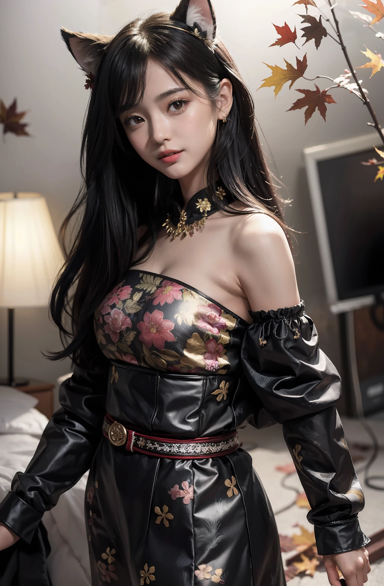 best quality, (masterpiece:1.35), wallpaper, (illustration), original, (depth of field), (1girl:1.35), (solo), full body, dynamic, detailed face,mature female, adult, (old:1.3), Medium breasts, Amused, happy,miko clothes, flower trim,absurdly long hair, black hair,dog ears volumetric lighting, fall leaves, Tyndall effect,