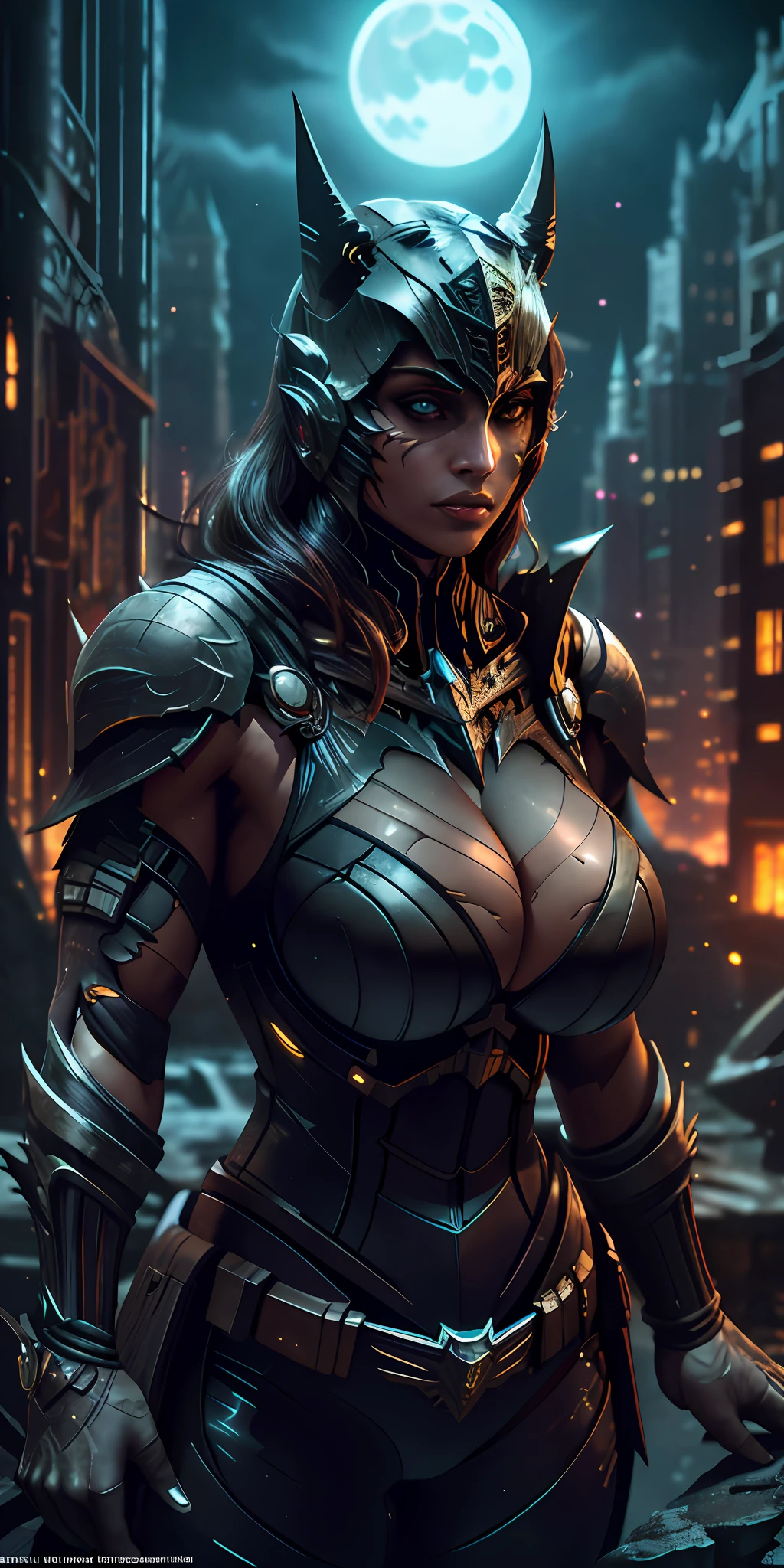 1 girl in Batman suit from the dark knight stands imposing in a gothic lost city. gigantic cleavage breasts
, Moonlight highlights your muscles and scars. The scenery is lush and mysterious, with futuristic tech and surroundings. The camera details everything, a warrior woman,