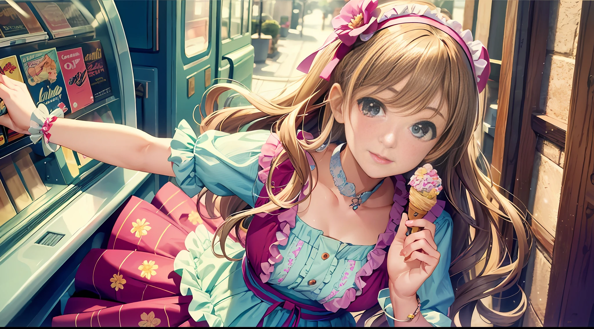 Capture a photorealistic image of a girl inspired by retro aesthetics. She should have short, wavy hair in a light beige color, highlighted with vibrant colors and accessorized with a small ribbon or flower headband. Her face should be round, with plump cheeks and large, expressive eyes that are bright blue or green. She should be wearing retro-style clothing, featuring vintage elements, ruffles, lace, and floral patterns, and her shoes should be adorned with merry-go-round designs or pretty pumps. The background should be a retro cityscape or a sky filled with pastel clouds, or perhaps an ice cream store, record store, or retro game center. The girl should be shown laughing joyfully and enjoying sweets. The style should be hyper-realistic, highly detailed, and high-resolution 16k. The lighting should be soft and warm, and the colors should be a blend of pastel and vibrant tones. The composition should be a medium shot, focusing on the girl and her immediate surroundings. --ar 16:9 --v 5.1 --style raw --q 2 --s 750