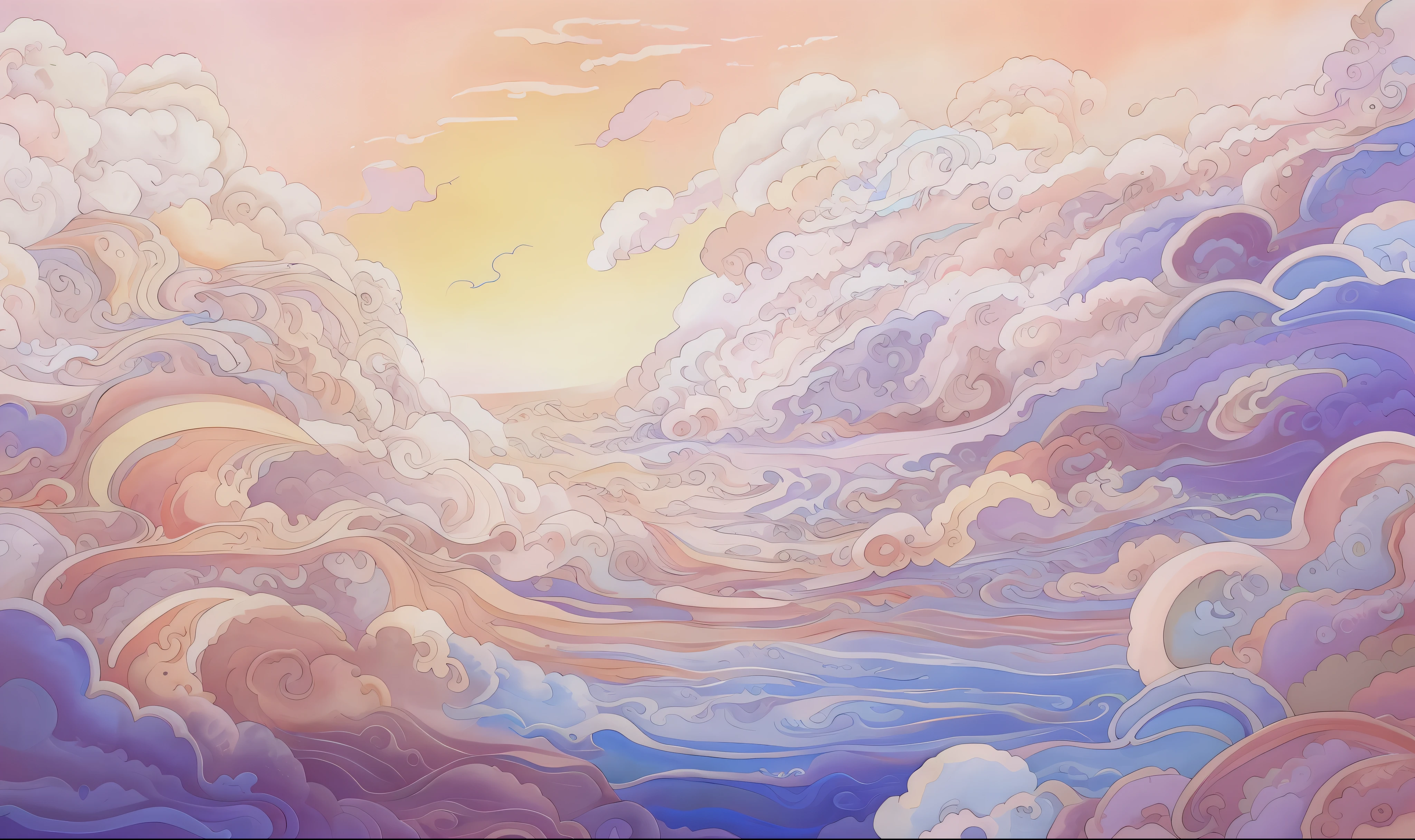 painting of a sunset with clouds and a boat in the water, colorful swirly magical clouds, a surreal dream landscape, psychedelic clouds, colorful flat surreal ethereal, detailed dreamscape, painting of a dreamscape, pastel overflow, heavenly colors, surreal dream landscape, clouds. fantasy, dreamy clouds, colorful clouds, surreal clouds, glowing clouds, background art, fantasy puffy sky