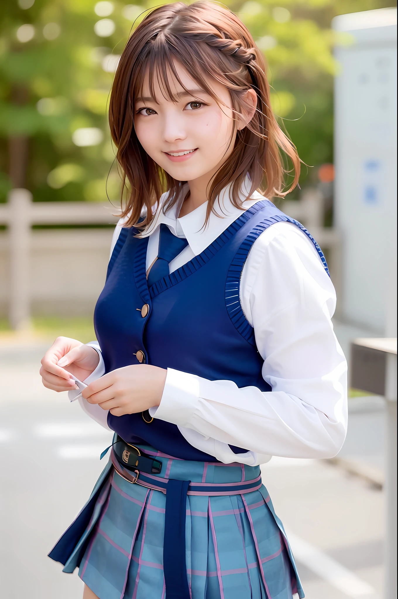 (skin spots: 1.2), (skin dentation), Black eyes, 1 female, 25 years old, ((((Female)))), Solo, Real, Best Quality, Photorealistic, Masterpiece, 8K, High Resolution, Solo, Very Detailed Face, (Professional Lighting, Bokeh), (Light Particle, Lens Flare, Luminous Particle: 0.6), (Dynamic Pose: 1.6), Soft Lighting, Fashionable and Trendy Atmosphere, Japan, Street, City, Tokyo, Minato, (Daytime)), Sky, ((Viewers: 1)), (Look at the Camera), (Portrait: 0.6), Gorgeous, Standing, Keep the original facial proportions, Wide shoulders, Full body, (Round chest), (Short hair), Brown hair, Floating hair, Lips, Lipstick, Seductive smile, Floating hair, Braided hair, Smile, open_mouth, Teeth, ((Japan high school school uniform)), (white blouse), (checked pleated skirt), eyelashes, moles, (moles under the eyes: 1), (thighs)), (knitted vests)