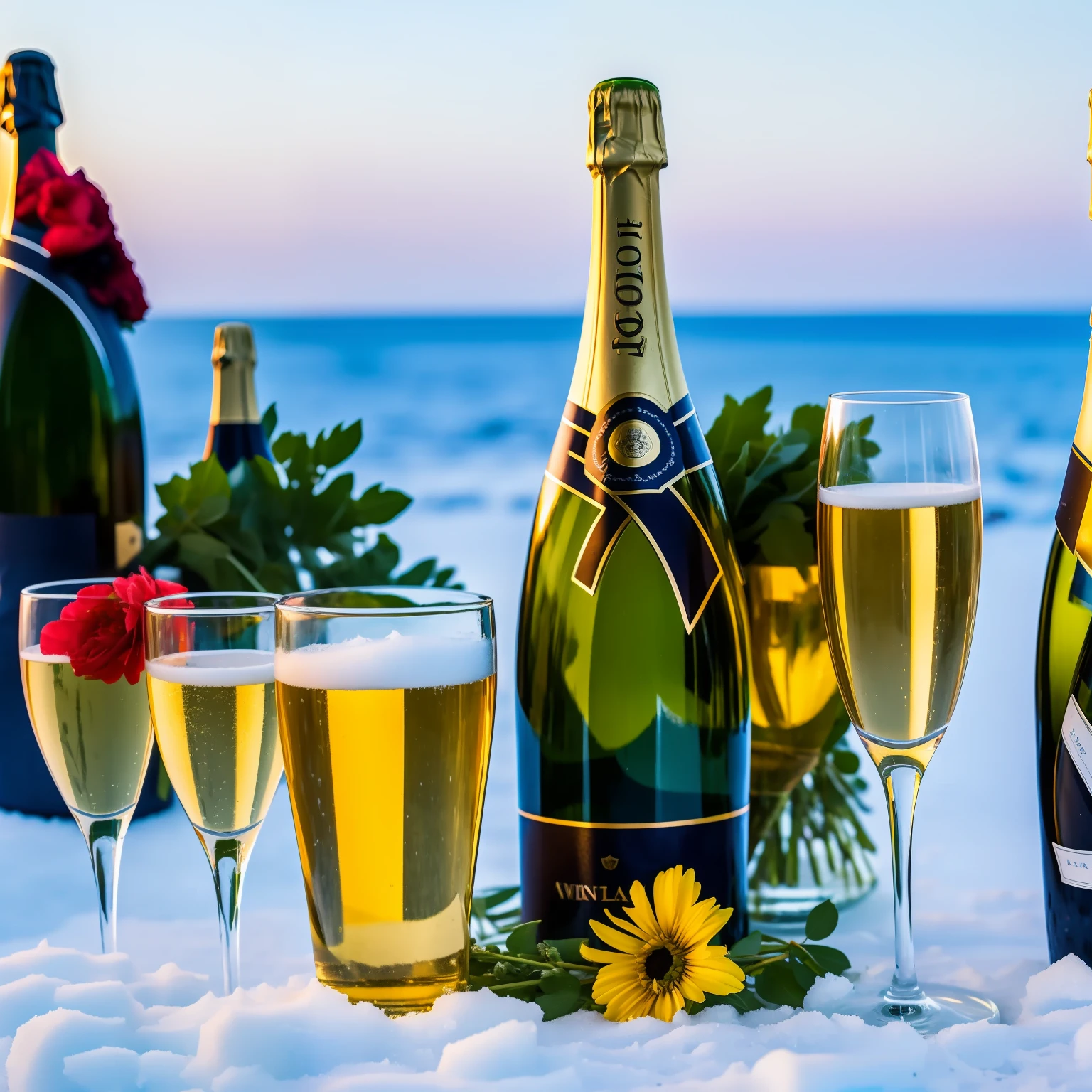 A bouquet of flowers, a bottle of champagne and two glasses. Winter scenery, cold. Arctic in summer.