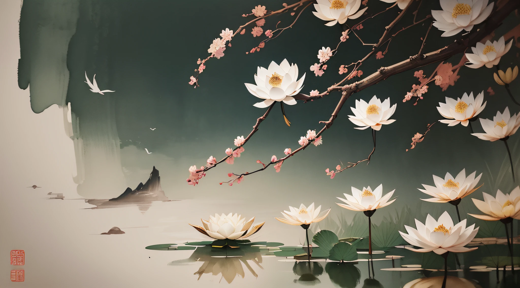 White crane painting of lotus pond, Chinese brush painting, Chinese painting style, Chinese traditional painting, Chinese traditional ink painting, Chinese style painting, Chinese watercolor style, Chinese ink painting, beautiful artwork painting, inspired by Xiao Yunkong, Chinese traditional art, Chinese painting, Zhongyuan Festival, inspired by Wang Yuanqi, Ten Cadets, Fu Painting, --auto --s2