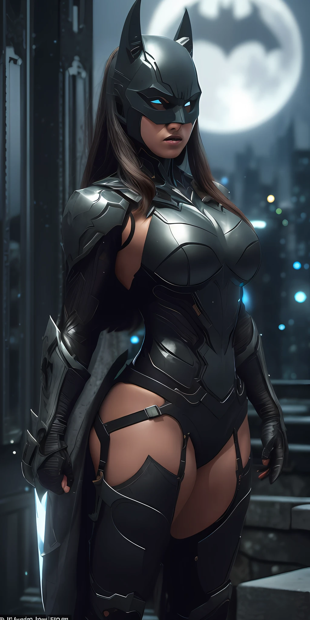 1 girl in Batman suit from the dark knight stands imposing in a gothic lost city. big breasts, Moonlight highlights your muscles and scars. The scenery is lush and mysterious, with futuristic tech and surroundings. The camera details everything, a warrior woman,