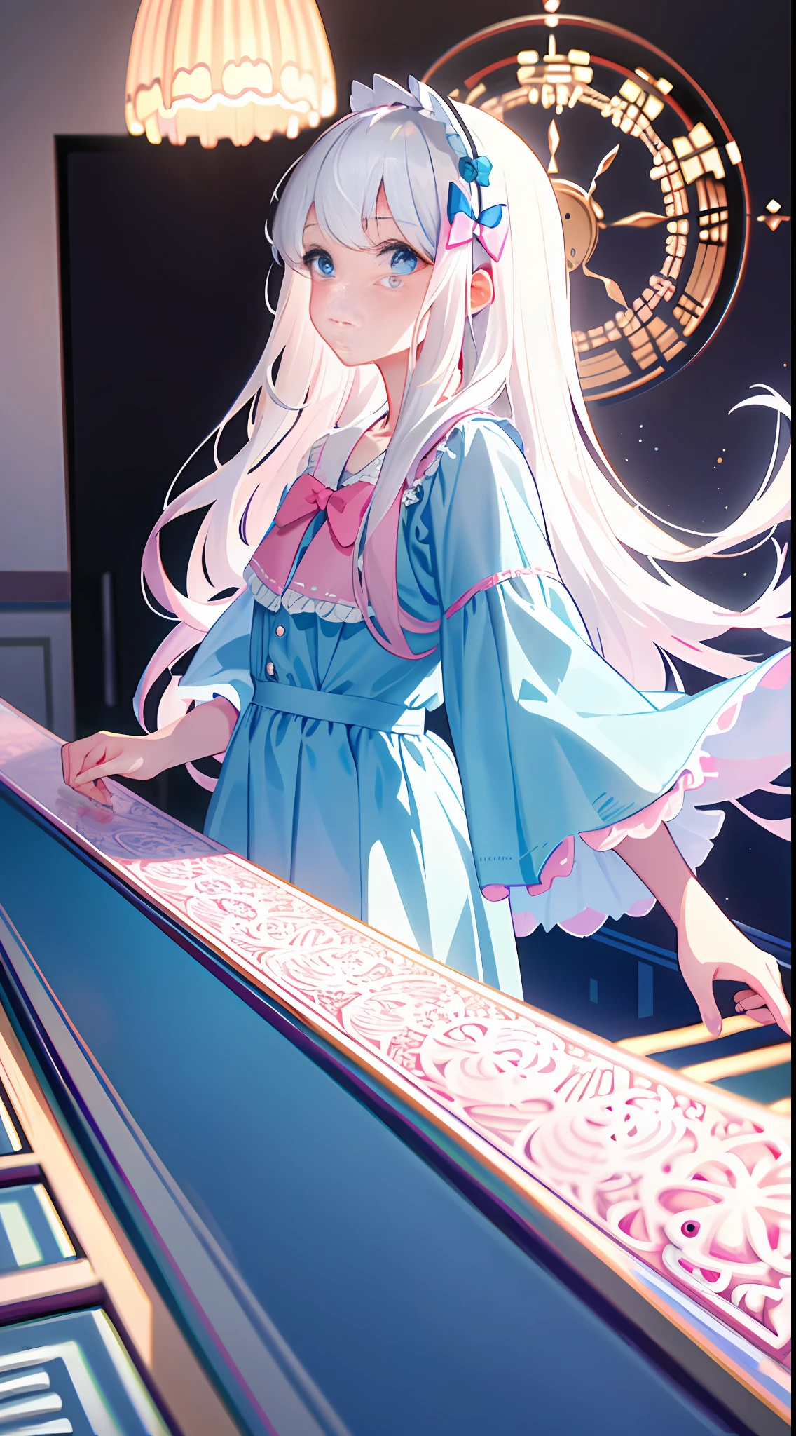 Masterpiece, best quality, super detailed, illustration, medium view, beautiful detailed eyes, ((vista, wide angle 1.31)), at home, a girl, white hair, pink bow, blue slip skirt. Facing away from it