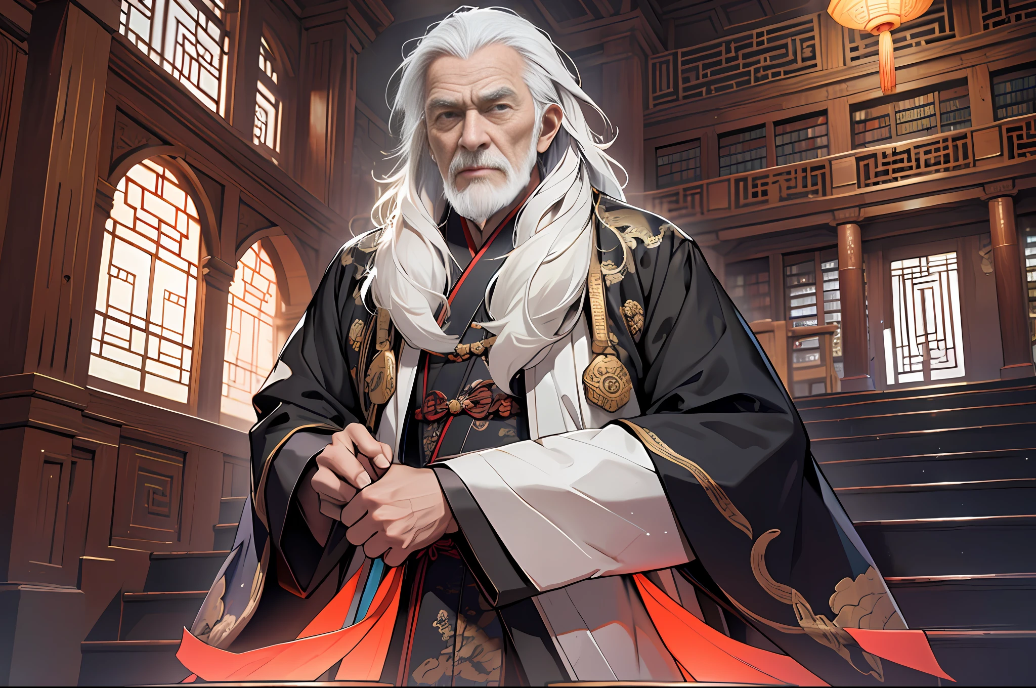 Best Quality, Masterpiece, High Resolution, 1 Old Man, Elder, Thin, Gray Taoist Robe, Facing the Audience, Staircase, Library Cabinet, 4K, 8K. Chinese ancient style. (High Detail Skin: 1.2), 8K UHD, DSLR, Soft Light, High Quality, Volumetric Light, Voyeur, Photo, High Resolution, 4K, 8K.