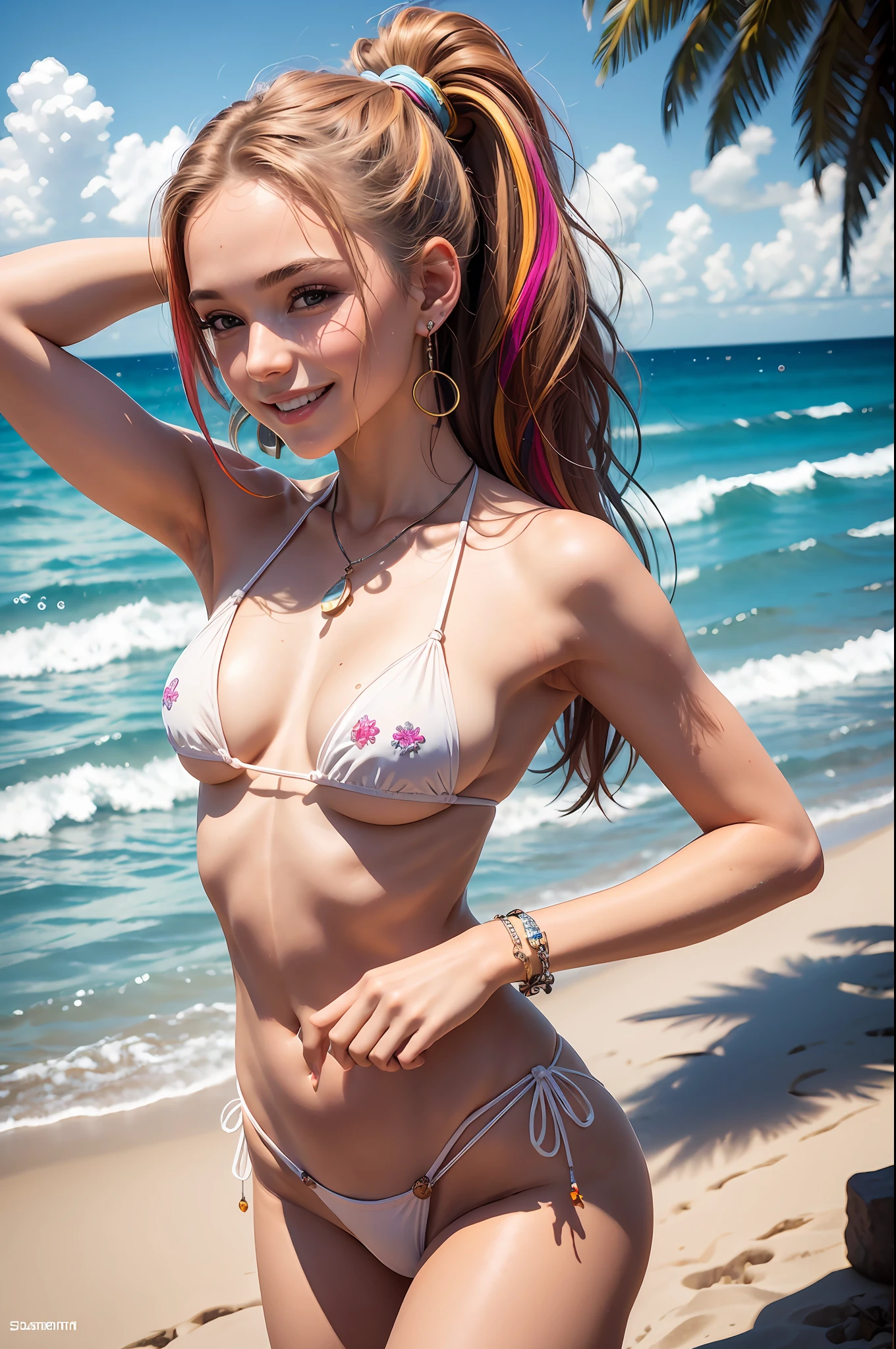 (Masterpiece: 1.5), (Best Quality: 1.5), High Resolution, High Detail, 1 Girl, Solo, Skin Highlight, Sharpen, Clear, straight hair, ponytail, multicolored hair, Jewelry, bracelet, earrings, cowboy shot, pale skin, smile, beach, tiny micro bikini, (((small boobs)))