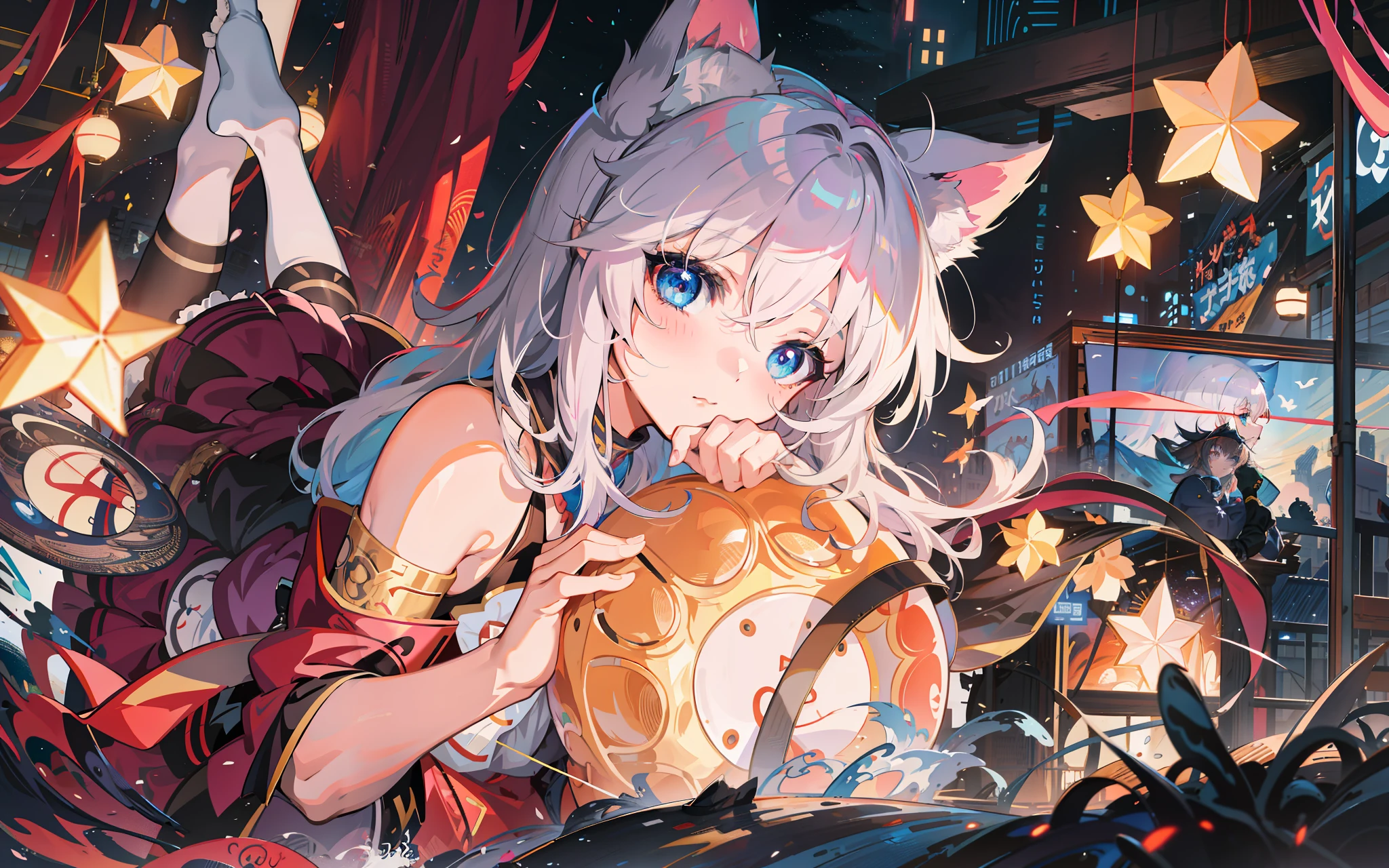 anime girl with blue eyes holding a large stuffed animal, guweiz, guweiz on pixiv artstation, anime style 4 k, beautiful anime catgirl, cute anime catgirl, guweiz on artstation pixiv, anime art wallpaper 4 k, anime art wallpaper 4k, anime art wallpaper 8 k, very beautiful anime cat girl