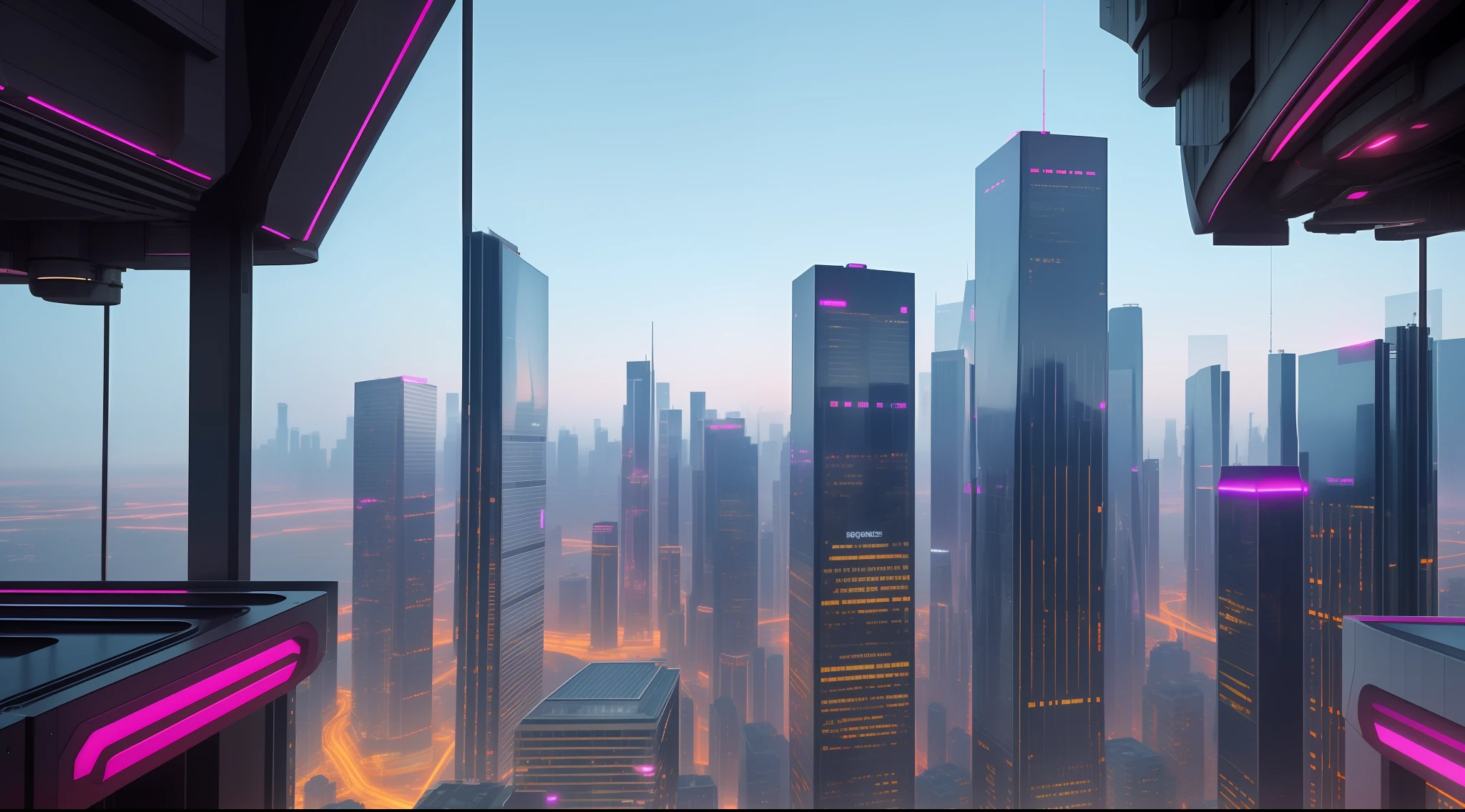 skyscrapers in a city at night with pink lights, highrise business district, photo of futuristic cityscape, with tall glass skyscrapers, busy cityscape, twilight city on the background, vista of futuristic city, city sunset mist neon lights, modern city scape, skyline showing from the windows, aerial view of a cyberpunk city, neon megacity in the background