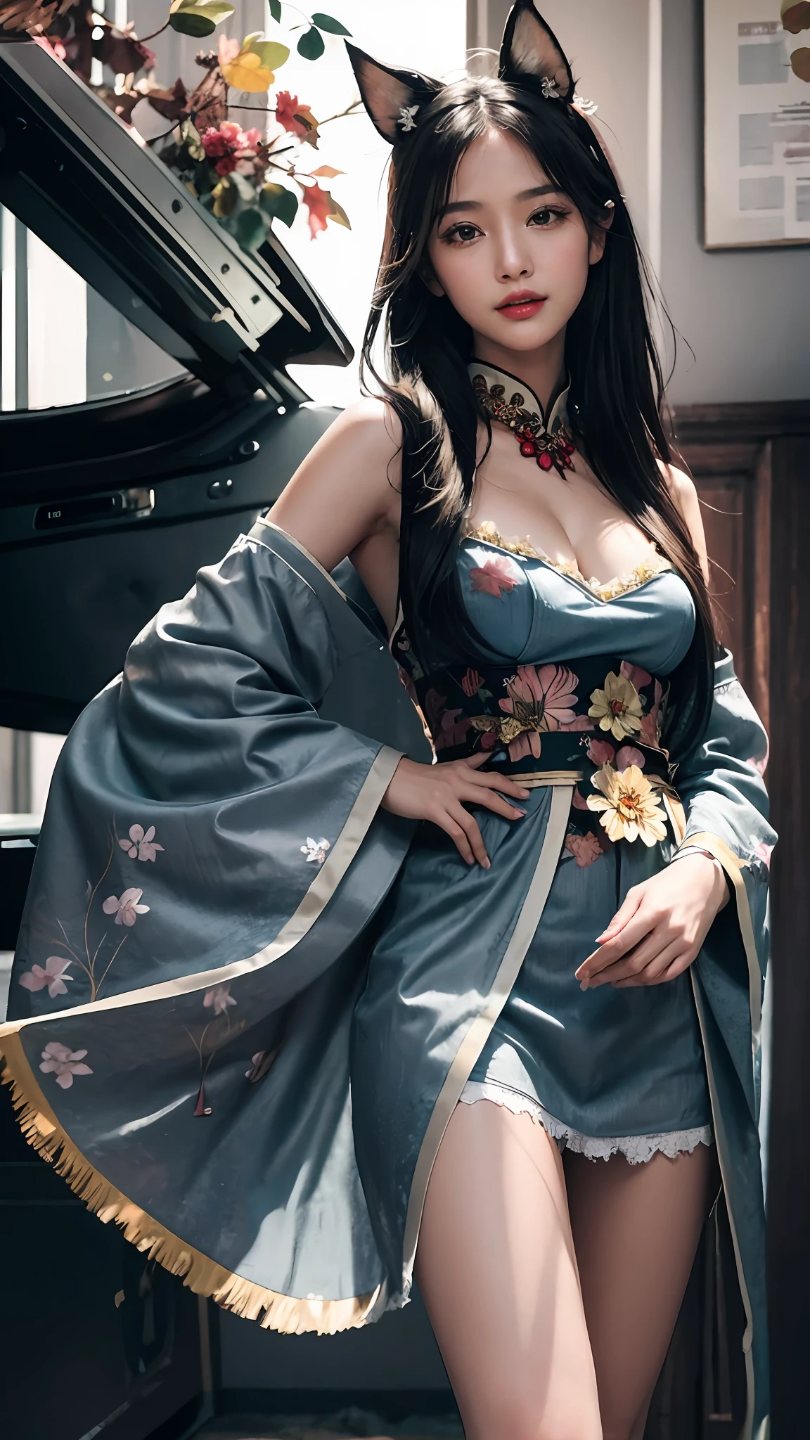 best quality, (masterpiece:1.35), wallpaper, (illustration), original,
(depth of field), (1girl:1.35), (solo), full body, dynamic,
detailed face,mature female, adult, (old:1.3), Medium breasts, Amused, happy,miko clothes, flower trim,absurdly long hair, black hair,dog ears
volumetric lighting, fall leaves, Tyndall effect,