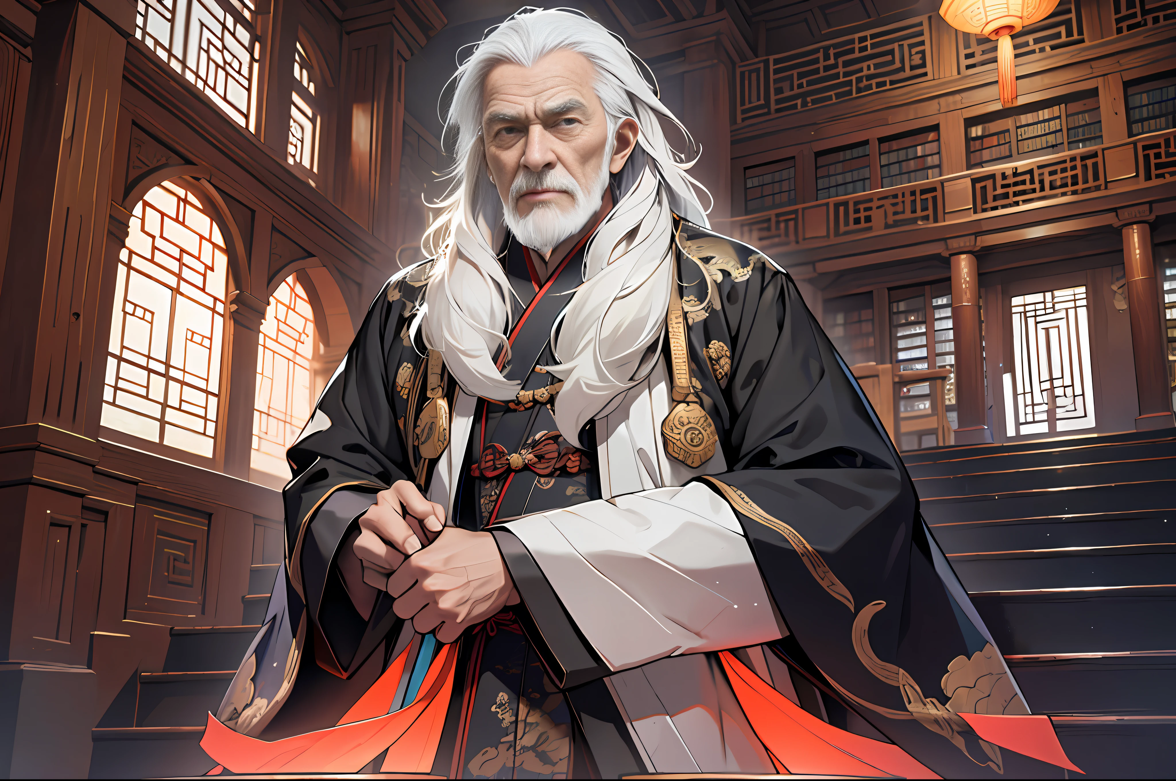 Best Quality, Masterpiece, High Resolution, 1 Old Man, Elder, Thin, Gray Taoist Robe, Facing the Audience, Staircase, Library Cabinet, 4K, 8K. Chinese ancient style. (High Detail Skin: 1.2), 8K UHD, DSLR, Soft Light, High Quality, Volumetric Light, Voyeur, Photo, High Resolution, 4K, 8K.