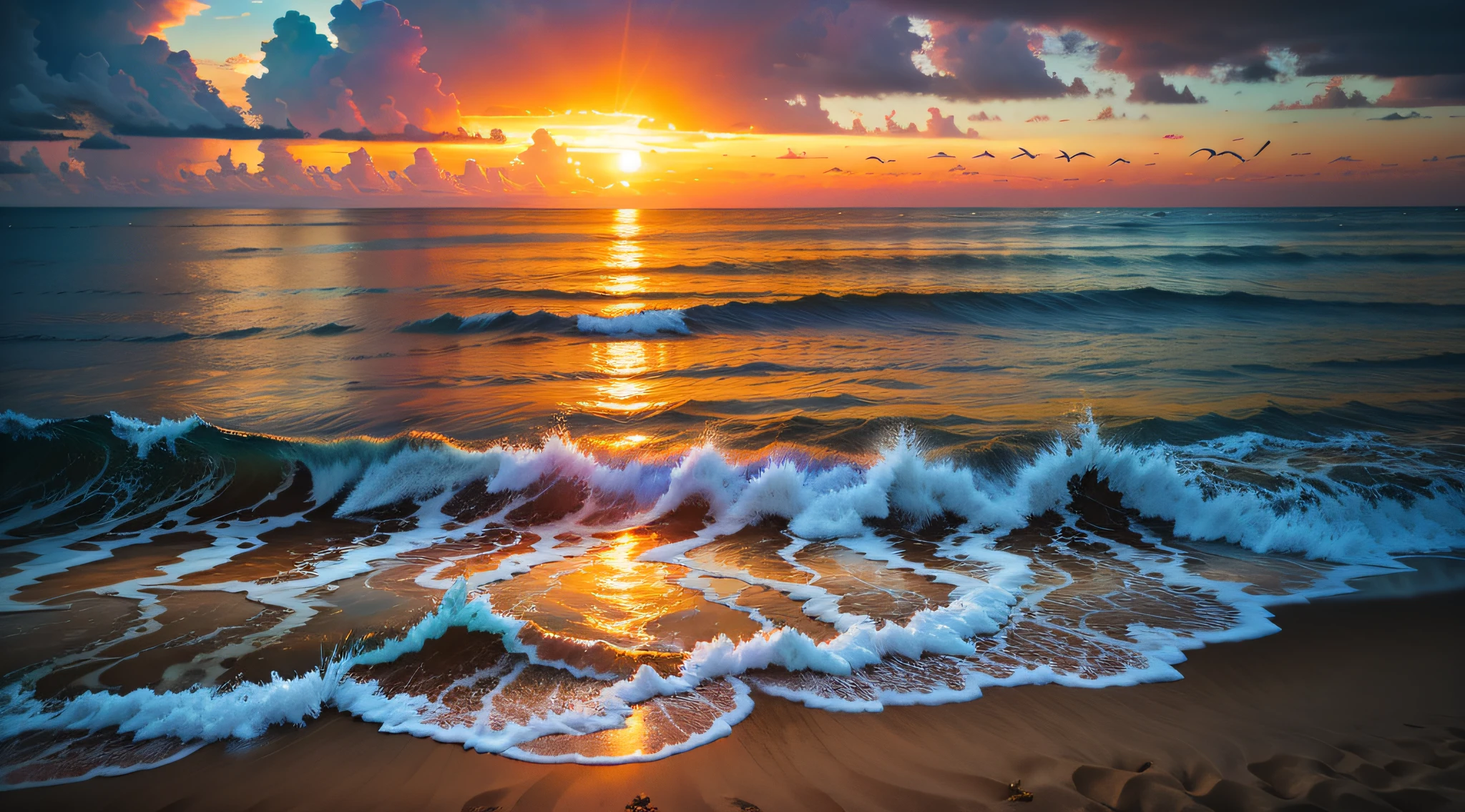 An absolutely mesmerizing sunset over the beach, with a blend of oranges, pinks, and yellows filling the sky. Crystal-clear waters of the sea gently kissing the shore, with sandy white beach stretching far and wide. The scene is dynamic and breathtaking, with seagulls soaring high in the sky and gently swaying palm trees. Take in the calming atmosphere and let the peacefulness wash over you.