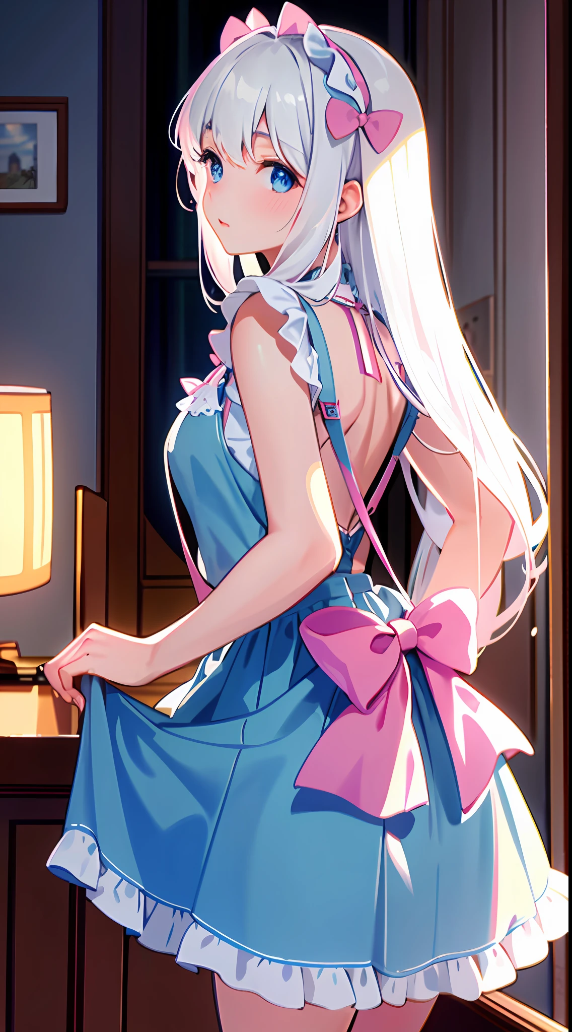 Masterpiece, best quality, super detailed, illustration, medium view, beautiful detailed eyes, ((vista, wide angle 1.31)), at home, a girl, white hair, pink bow, blue suspenders, sexy, back to back