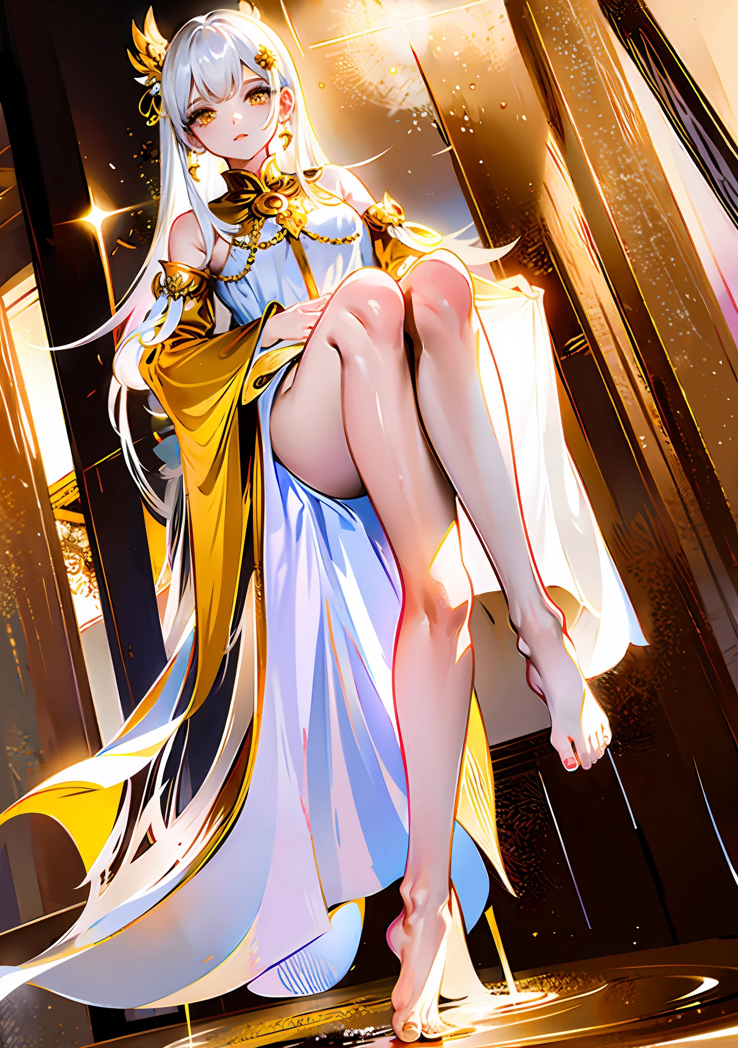 Princess clothes of gold coins her feet in a pool of chocolate white hair and long clothes yellow eyes