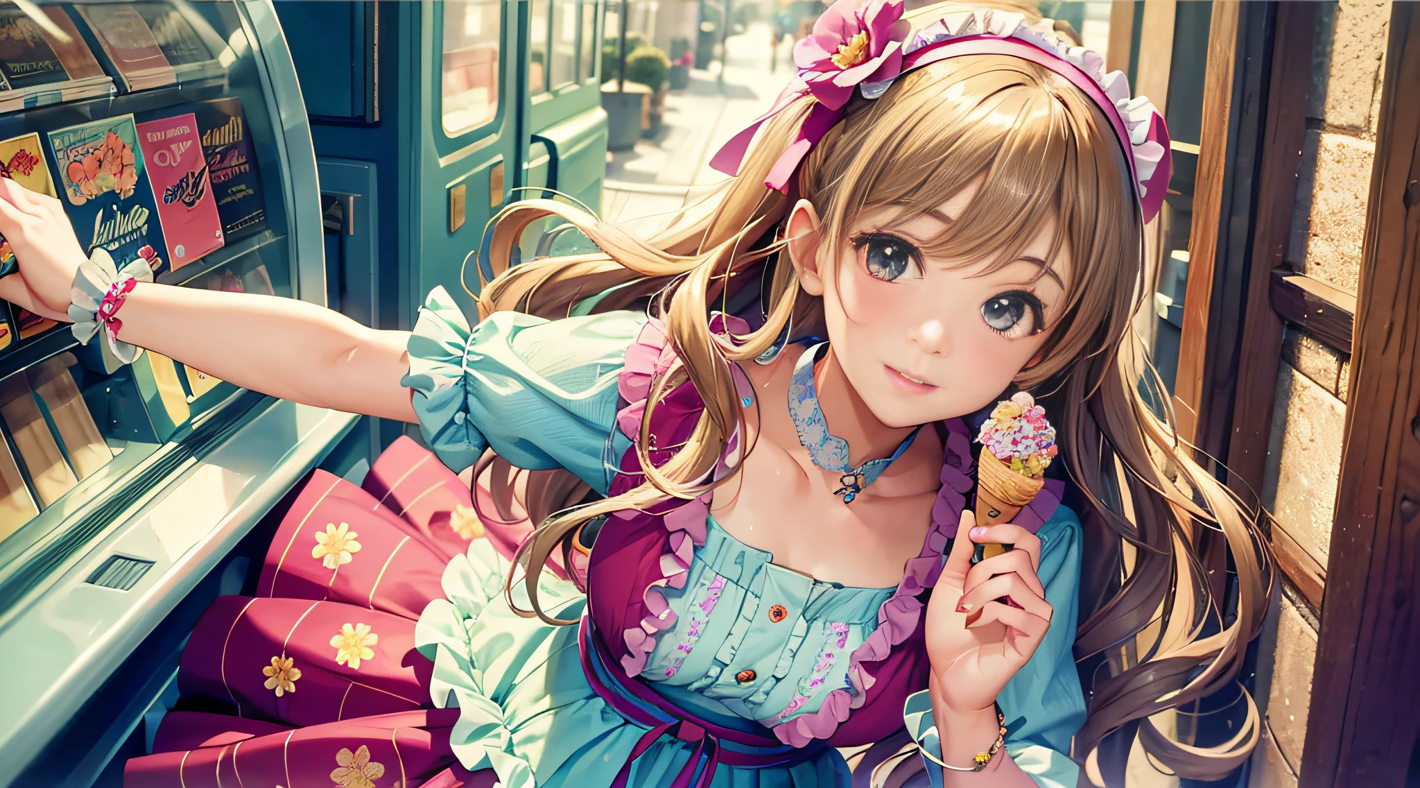 Capture a photorealistic image of a girl inspired by retro aesthetics. She should have short, wavy hair in a light beige color, highlighted with vibrant colors and accessorized with a small ribbon or flower headband. Her face should be round, with plump cheeks and large, expressive eyes that are bright blue or green. She should be wearing retro-style clothing, featuring vintage elements, ruffles, lace, and floral patterns, and her shoes should be adorned with merry-go-round designs or pretty pumps. The background should be a retro cityscape or a sky filled with pastel clouds, or perhaps an ice cream store, record store, or retro game center. The girl should be shown laughing joyfully and enjoying sweets. The style should be hyper-realistic, highly detailed, and high-resolution 16k. The lighting should be soft and warm, and the colors should be a blend of pastel and vibrant tones. The composition should be a medium shot, focusing on the girl and her immediate surroundings. --ar 16:9 --v 5.1 --style raw --q 2 --s 750