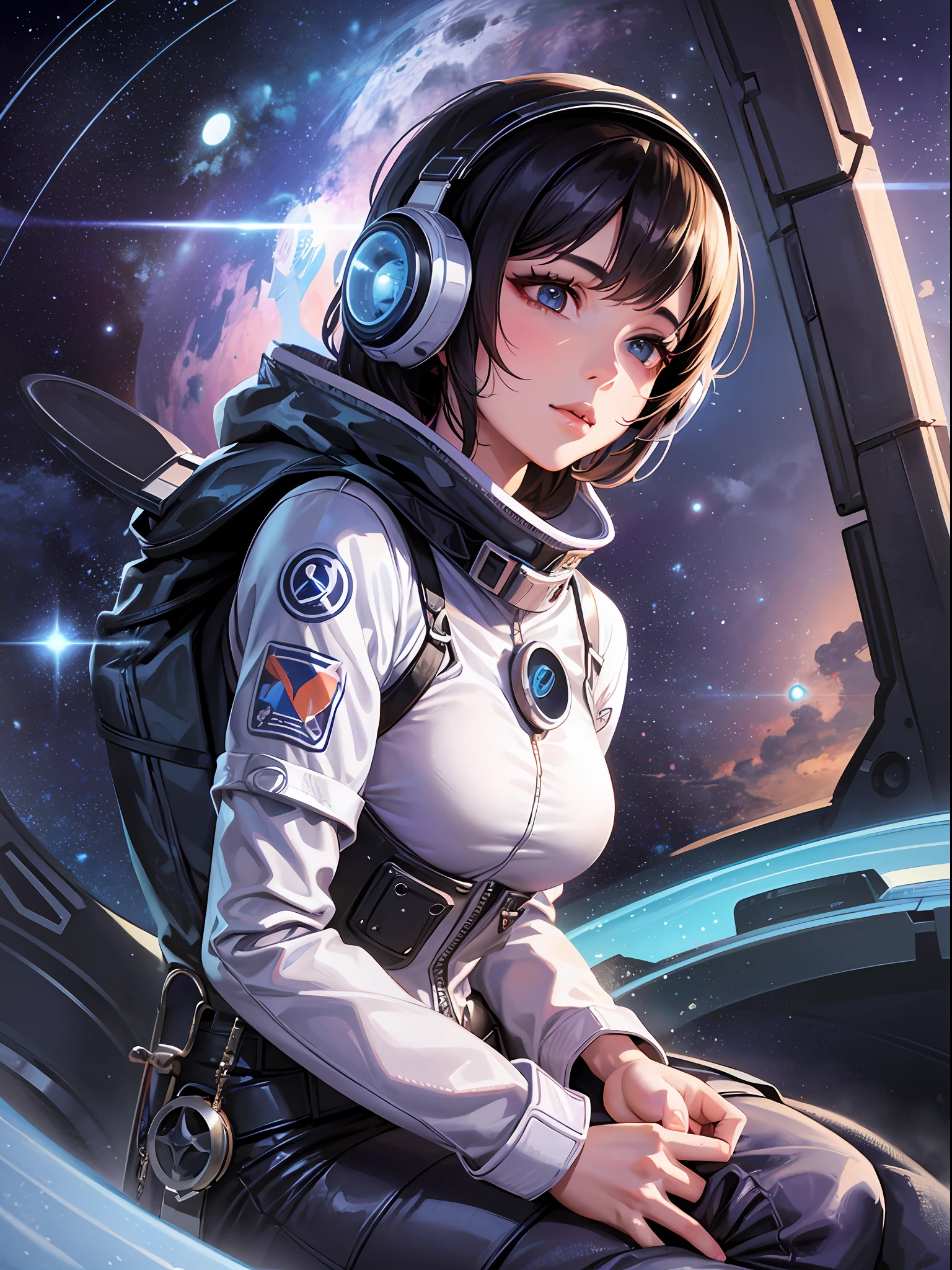 A beautiful girl in a spacesuit, exploring an alien planet. Content: digital art. Style: sci-fi and realistic, like a movie poster.