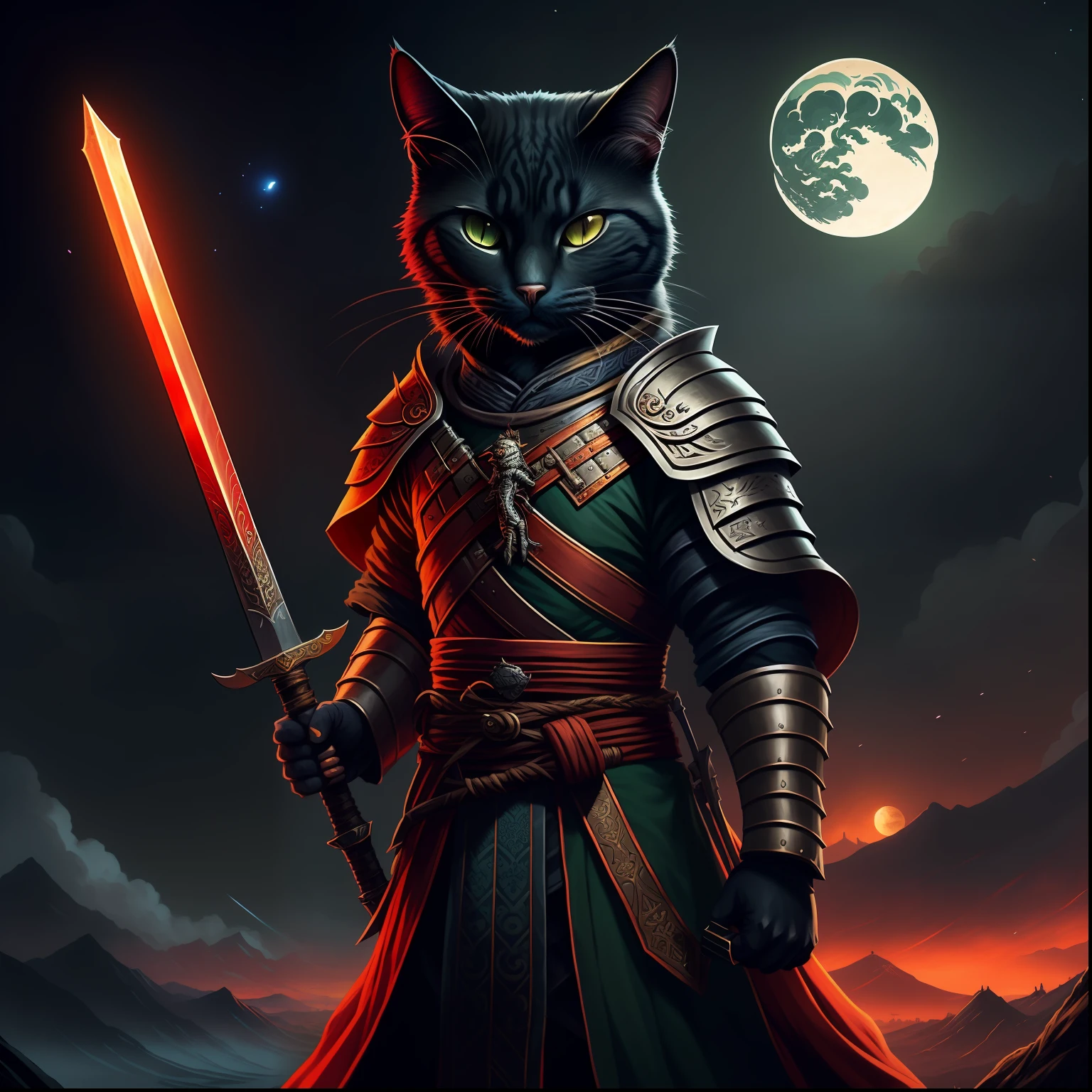 a close up of a cat with a sword in a field, cat warrior, anthropomorphic cat ninja, tabaxi monk, by Kerembeyit, furry fantasy art, dan mumford tom bagshaw, tabaxi :: rogue, epic fantasy style art, cat the assassin, epic fantasy art style, samurai cat, dan mumford. maya render