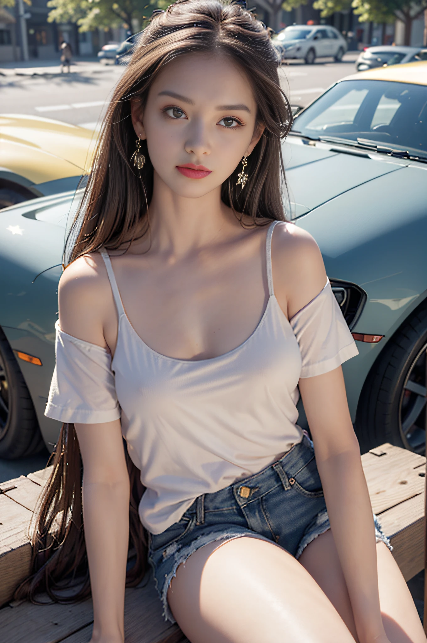 Best quality, masterpiece, super high resolution, (realistic: 1.4), original photo, (evening street), 1 girl, black eyes, looking at the audience, long hair, light makeup, lips, small ears, white t-shirt, denim shorts, earrings, sitting Ferrari, big breasts, slim