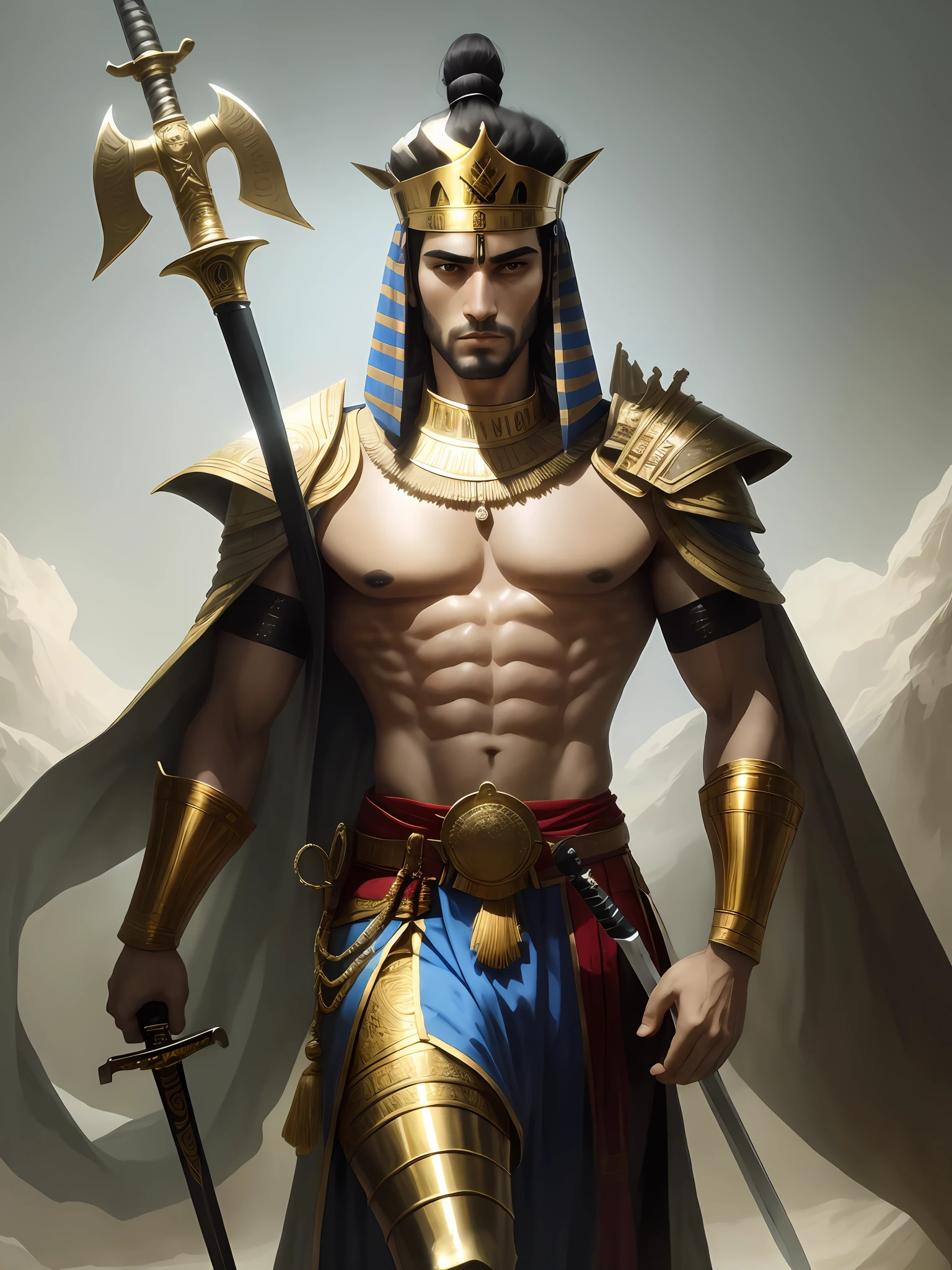 a man holding a sword in his hand, pharao king clothes