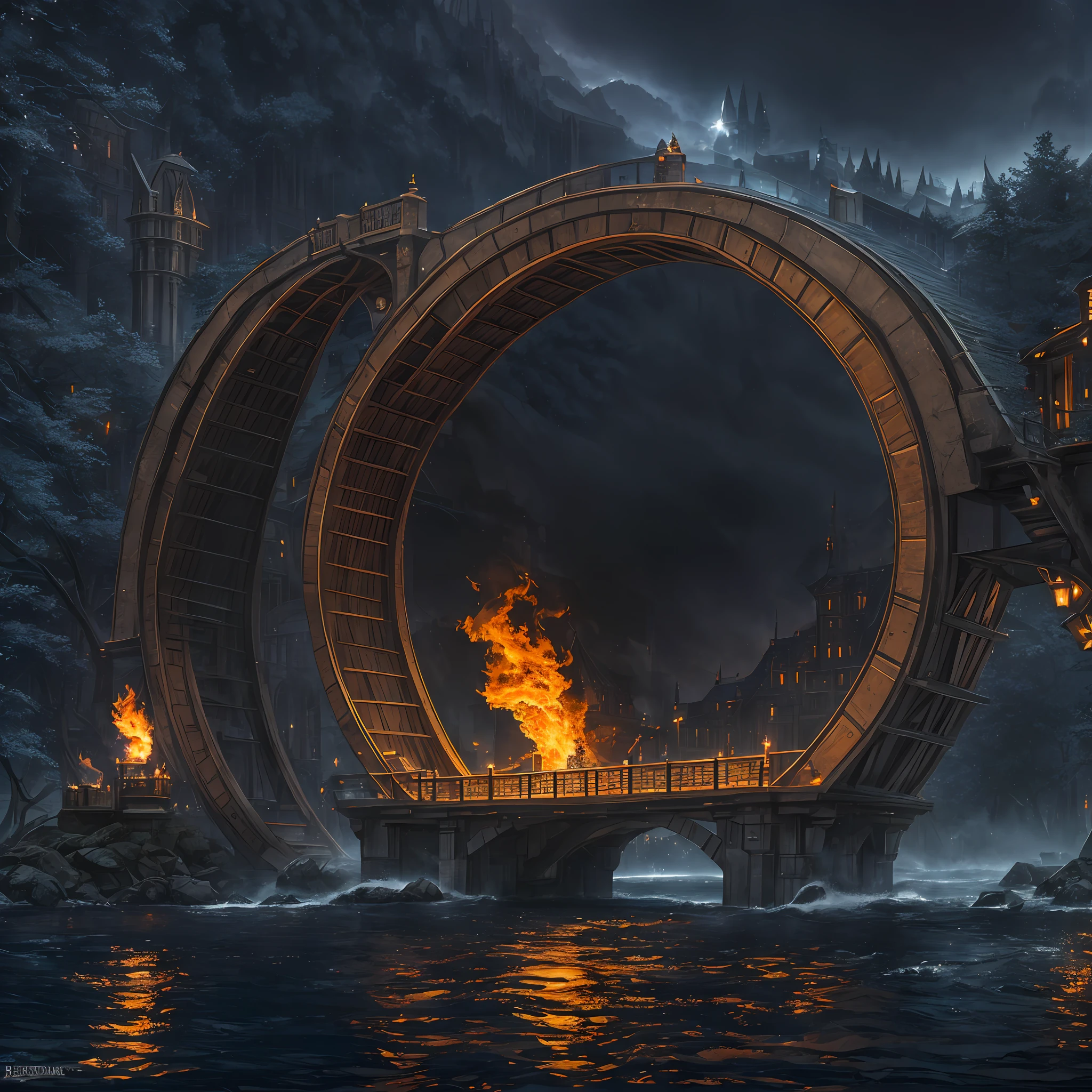 computer accuracy, 1: 2, 8kk, volume, Extensive ultra photography (general view, bridge 1: 5, Scale, realistic fantasy, ultradetail, volumetric, detailed clarity, general view, detailed gloomy, large beer barrel, bridge arch, realistic fantasy, detail, 1: 5, 4kk, three-dimensional picture, fire, fog, rain, river, night, darkness, effective