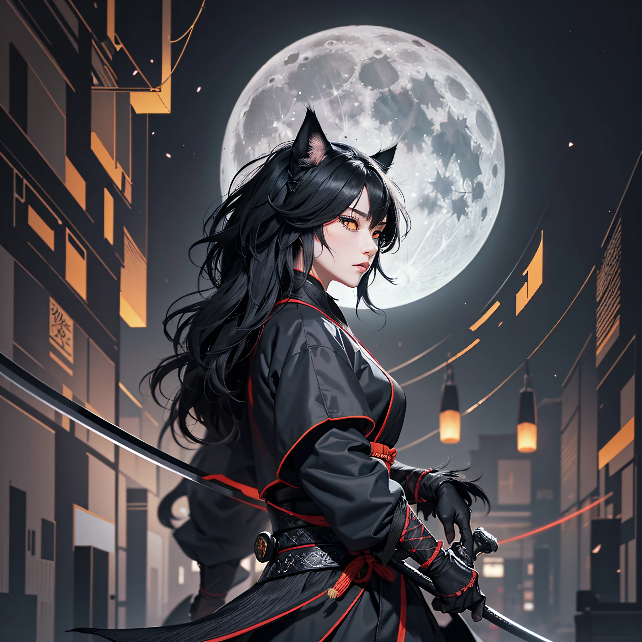 a black cat with a sword and a full moon behind it, vector art inspired by Kanō Hōgai, trending on Artstation, ukiyo-e, samurai cat, anthropomorphic cat ninja, cat warrior, moon bear samurai, black bear samurai, feudal japan art, neon samurai, the dark god of cats, urban samurai --auto --s2