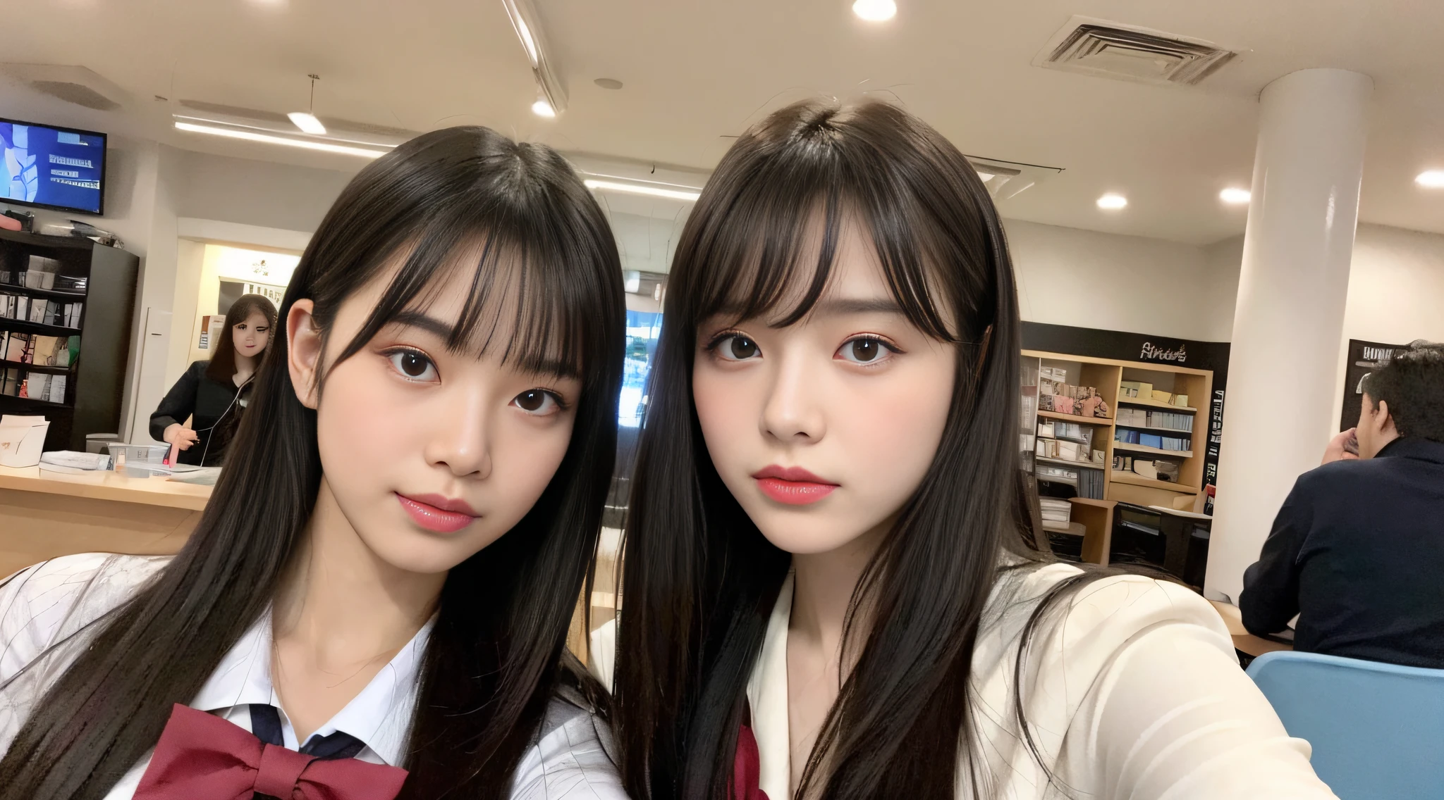 (8k, RAW photo, highest quality, masterpiece: 1.2), super detail, super resolution, (real, real photo: 1.37), portrait, high resolution RAW color photo, professional photo, very detailed and beautiful, night, night atmosphere, detailed scenery at night visible from the store, fashionable indirect lighting, blur background, focus on subject, super high quality, 8k wallpaper, amazing details, beautiful girl, highly detailed, Very detailed face Very detailed eyes, very realistic skin, very human skin, natural skin type, very detailed fingers, very detailed nose, very detailed mouth, perfect anatomy, very detailed background,net café very detailed clothes, teen, cute girl, famous Japan idol, , realistic body, slender, white skin, radiant skin, slim body, long straight hair, (dull bangs:1.2) , realistic face, delicate eyes, double eyelids, sailor suit, red ribbon schoolgirl friend smile fashionable uniform good friend hair fluttering in the wind, high school girl youth Celebrity level cuteness Multiple high school girls, camera gaze, boyfriend perspective, ultra high definition, fashionable café, internet café, ultra high definition realistic face, dim store interior, drinking cup juice, free drink, human hand, perfect anatomy, Cool shop, detailed and stylish interior, café full of high school girls, pink, background full of books, super detailed, super high image quality, super fashionable, kissing face, chew face, duck mouth, slightly embarrassed, shiny lips, pink eye shadow, modern schoolgirl, modern makeup, trendy makeup