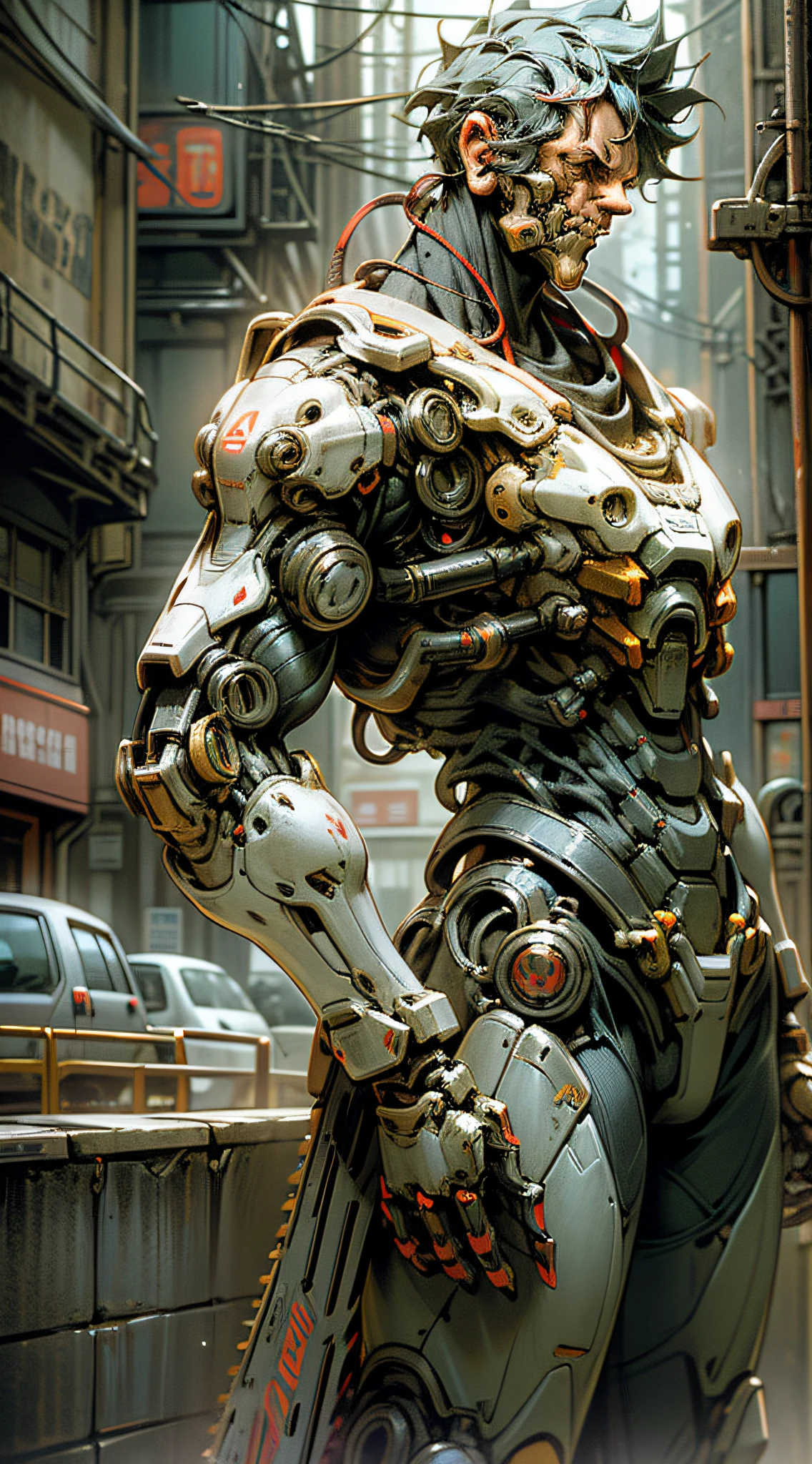 Dark_Fantasy,Cyberpunk,(chain saw,chain saw man,Red:1.1),1man,Mechanical marvel,Robotic presence,Cybernetic guardian, wearing a worn-out mech suit, intricate, (steel metal [rusty]), elegant, clear focus, shot by greg rutkowski, soft lighting, vibrant colors, masterpiece, ((street)), cowboy shot, dynamic pose,