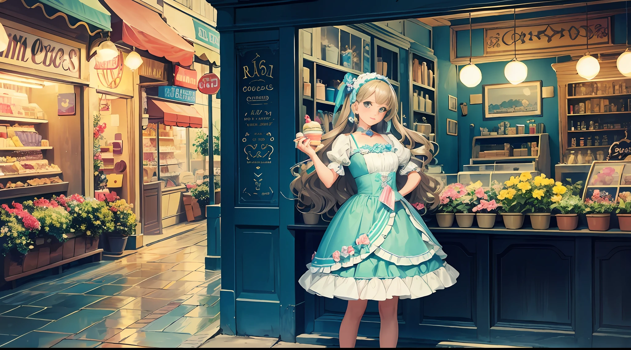 Create a hyper-realistic, highly detailed, high-resolution 16k image of a retro-styled girl. She should be characterized by her short, wavy hair in a light beige color, accented with pops of color and adorned with a small ribbon or flower headband. Her face should be round with plump cheeks, and her eyes should be large, expressive, and sparkling in shades of bright blue or green. She should be dressed in vintage-style clothing, complete with ruffles, lace, and floral patterns, and she should be wearing shoes with merry-go-round designs or pretty pumps. The background should be filled with pastel clouds or a retro cityscape, or perhaps an ice cream store, record store, or retro game center. The girl should be depicted laughing happily and eating sweets. The lighting should be bright and cheerful, and the colors should be a mix of pastel and vibrant hues. The composition should be a wide shot, capturing the full scene. --ar 16:9 --v 5.1 --style raw --q 2 --s 750