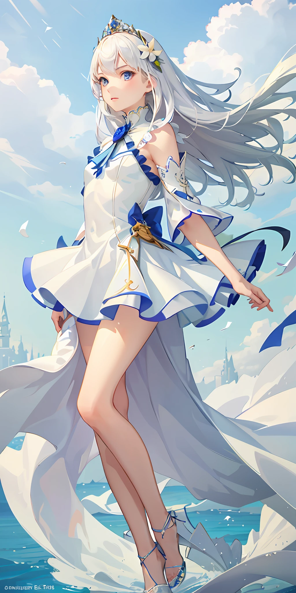 Top Quality, Full Body, High Quality Texture, Fine-grained, Realistic Expression of Face, Detailed Skin, Anime, Girl, Gentle Eyes, Sexy, Mix, Model, Illustration, Portrait, Semireal, Princess, Dress, White Dress, Mini Skirt, Fair Skin, Wind Flower, Meadow, Water Lake, Sun, Light, (Small), White Hair