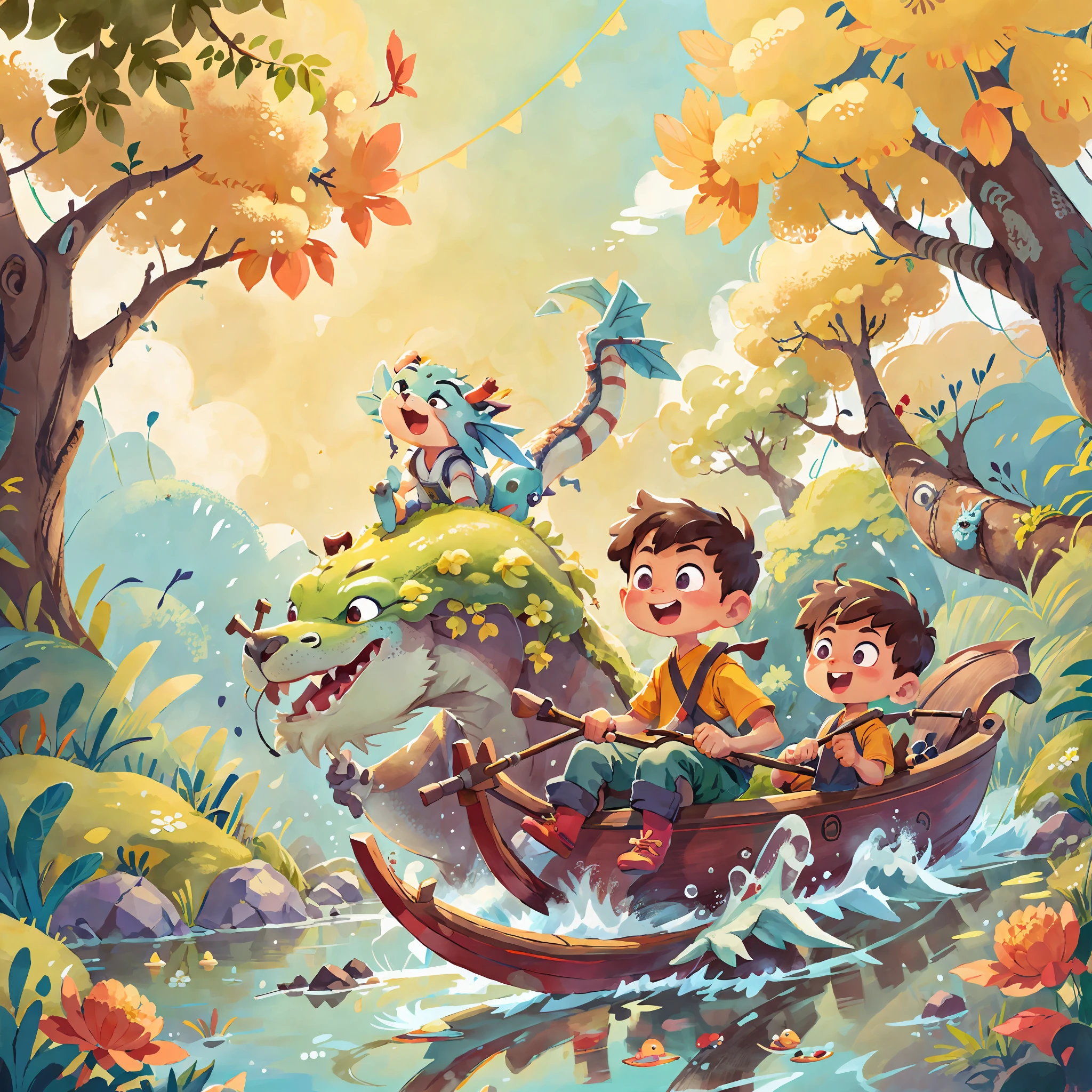 Poster design, (SFW), two rowing boys, Chinese dragon, spring outing, happy, background is a small river interspersed in Chinese street, perfect quality, clear focus, colorful, perfect face, intricate details, ultra-low viewing angle, wide angle lens