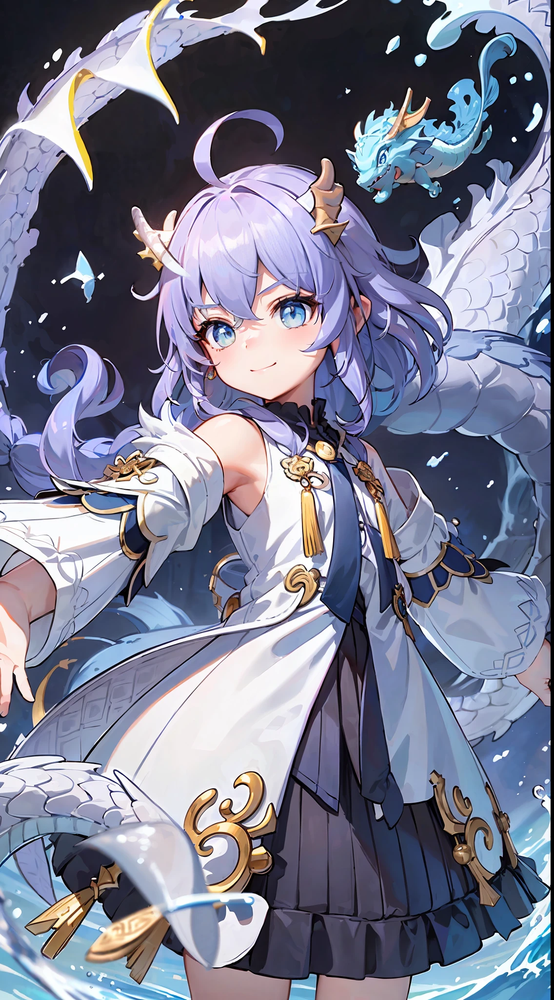 (Best Quality: 1.3), (Masterpiece: 1.3), (Illustration: 1.3), (Ultra Detail: 1.3), (Imid Shot: 0.9), 1girl, solo, very young, upper body, short neck, , small breast, kids (dragon tail, girl, ahoge, blue eyes, jewel eyes, very fine eyes, very fine face, shut up, light smile, water, jewelry, fish, sea, horn, kafu, dragon horn, donglong, cute