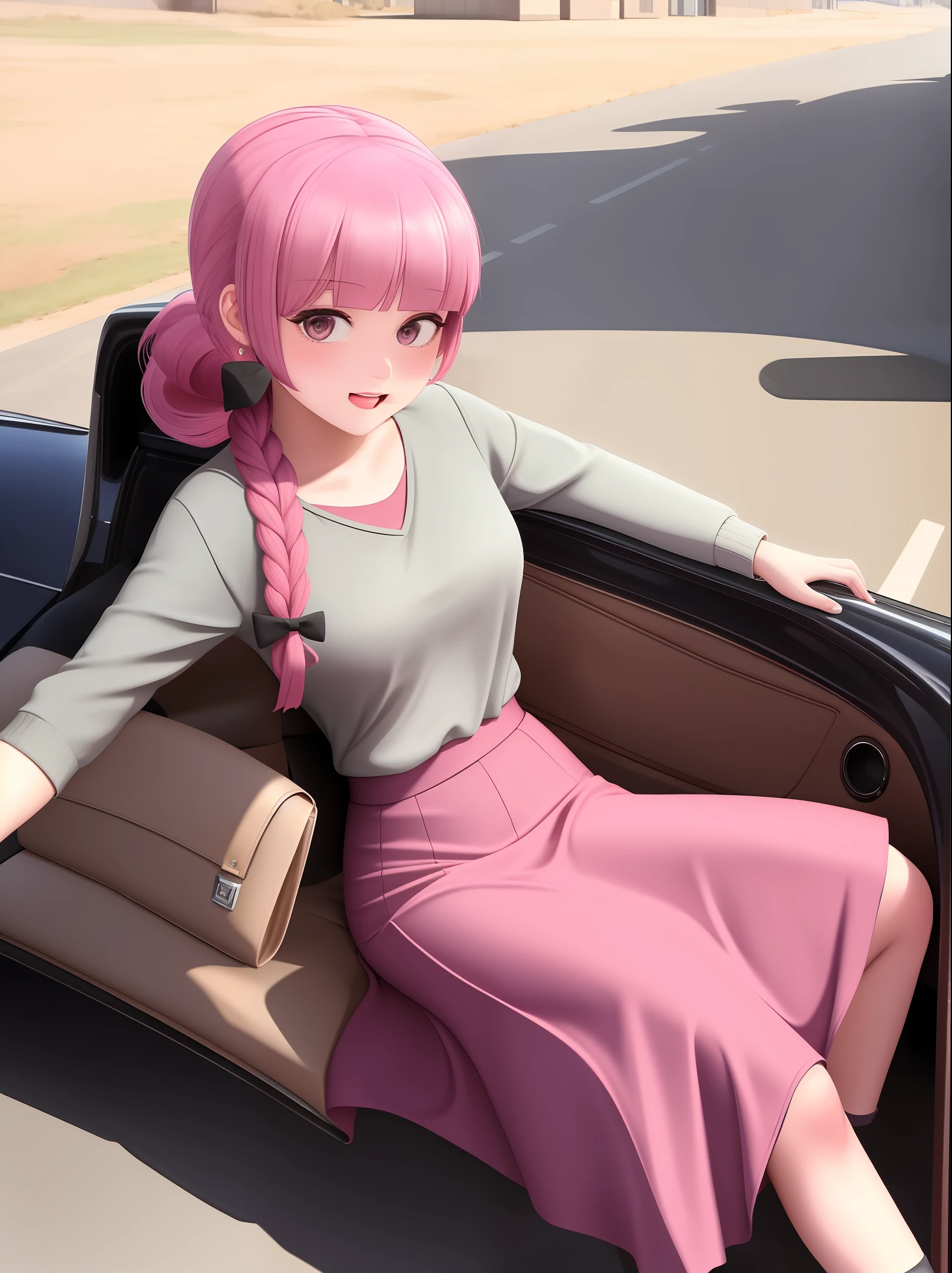 1girl, GG, ponytail, leaning against car, 1950s Cadillac, sweater, long skirt, solo, outdoor, day, pink skirt, Cartoon