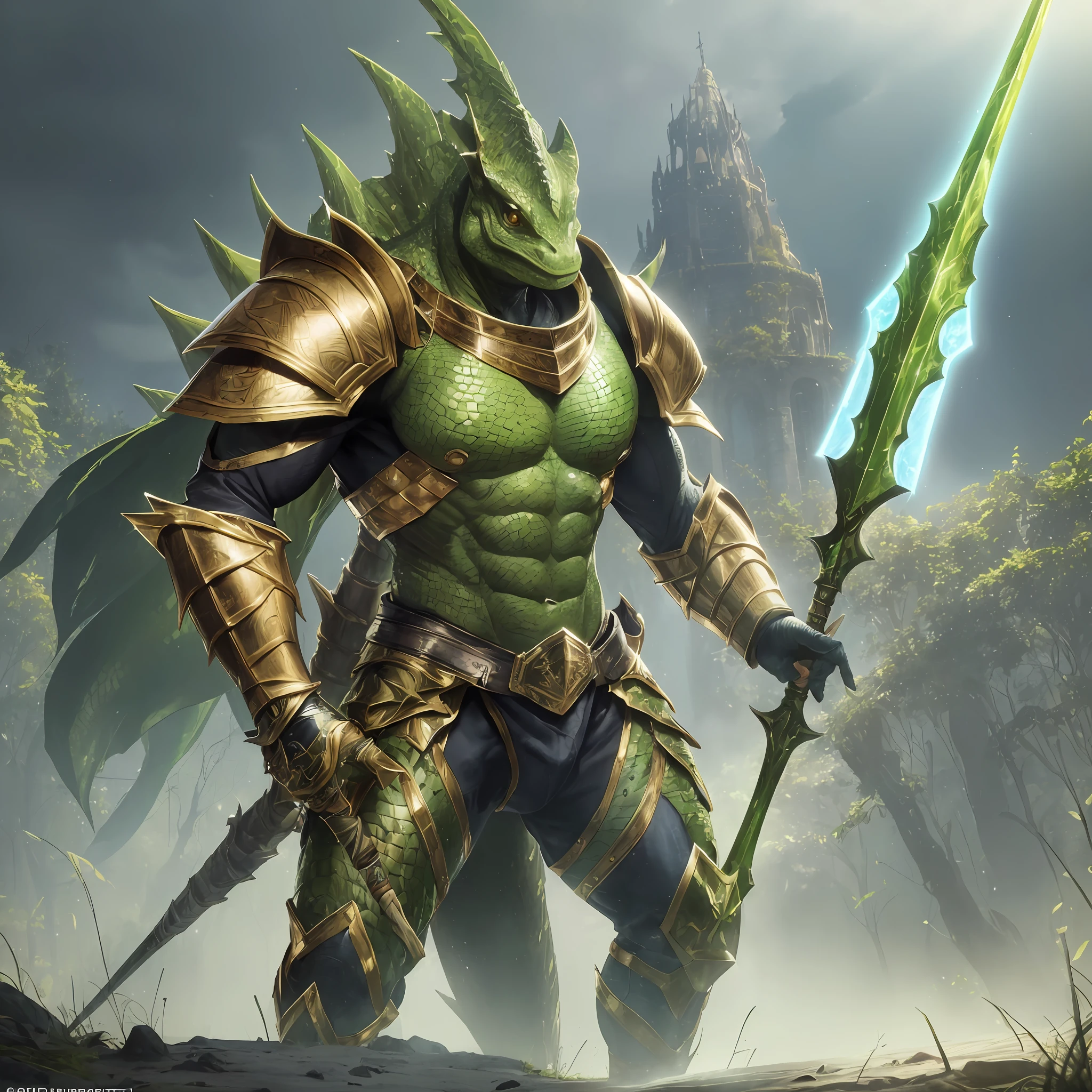 (high quality and ultra-detailed CG image, best illumination and shadow),(male lizardfolk warrior with green skin), (spear), (circle shield), (golden heavy armor),(epic fantasy golden fullplate armor),(heavy shield),(long spear),(spear of bones)