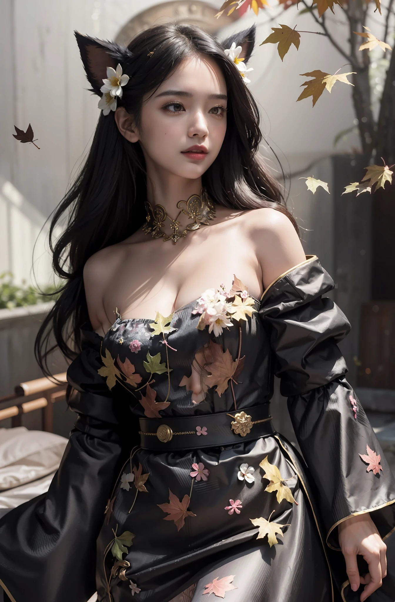 best quality, (masterpiece:1.35), wallpaper, (illustration), original, (depth of field), (1girl:1.35), (solo), full body, dynamic, detailed face,mature female, adult, (old:1.3), Medium breasts, Amused, happy,miko clothing, flower trim,absurdly long hair, black hair,dog ears volumetric lighting, fall leaves, Tyndall effect,