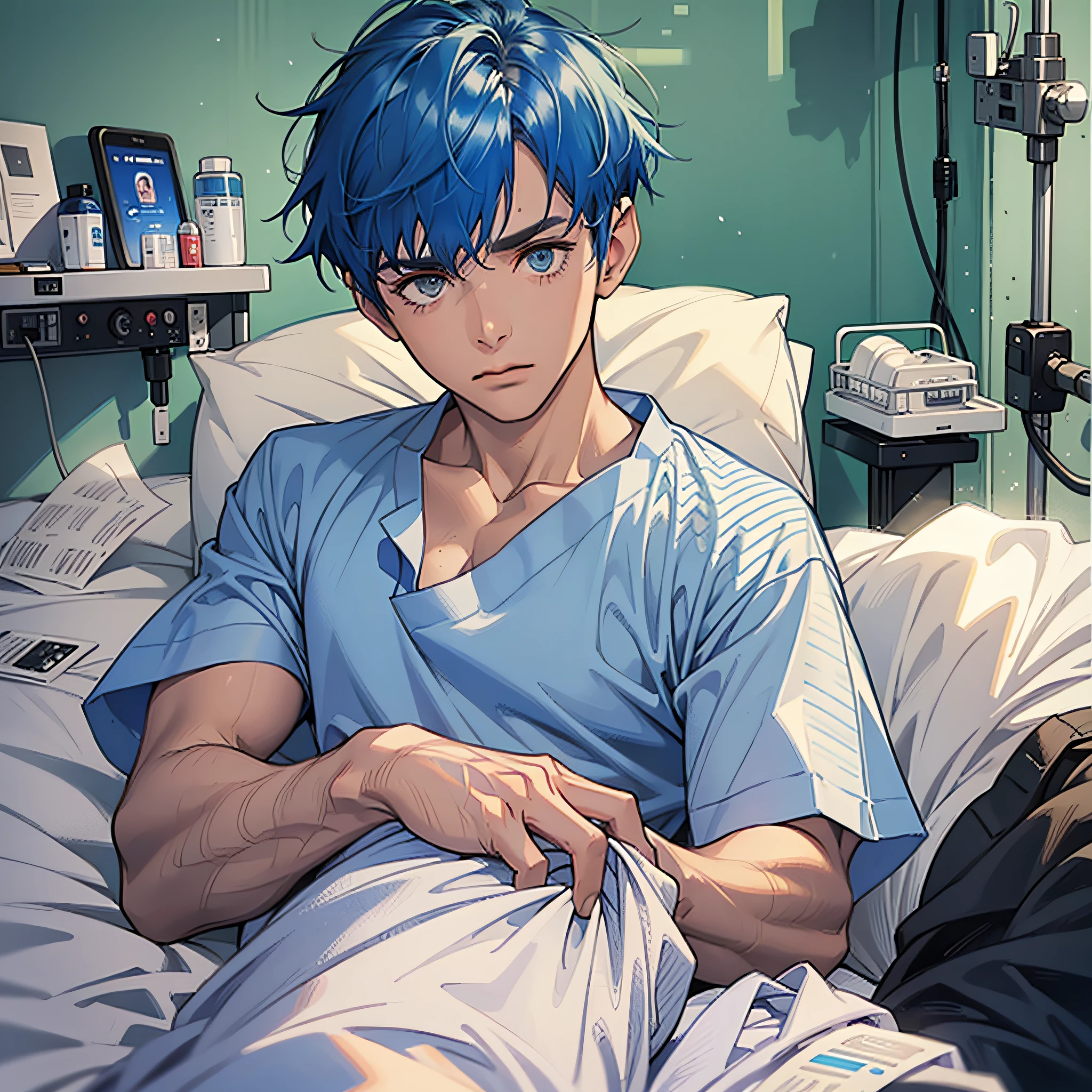 Man with short blue hair, in hospital gown, lying in bed, hospital background, backlit, accented projection