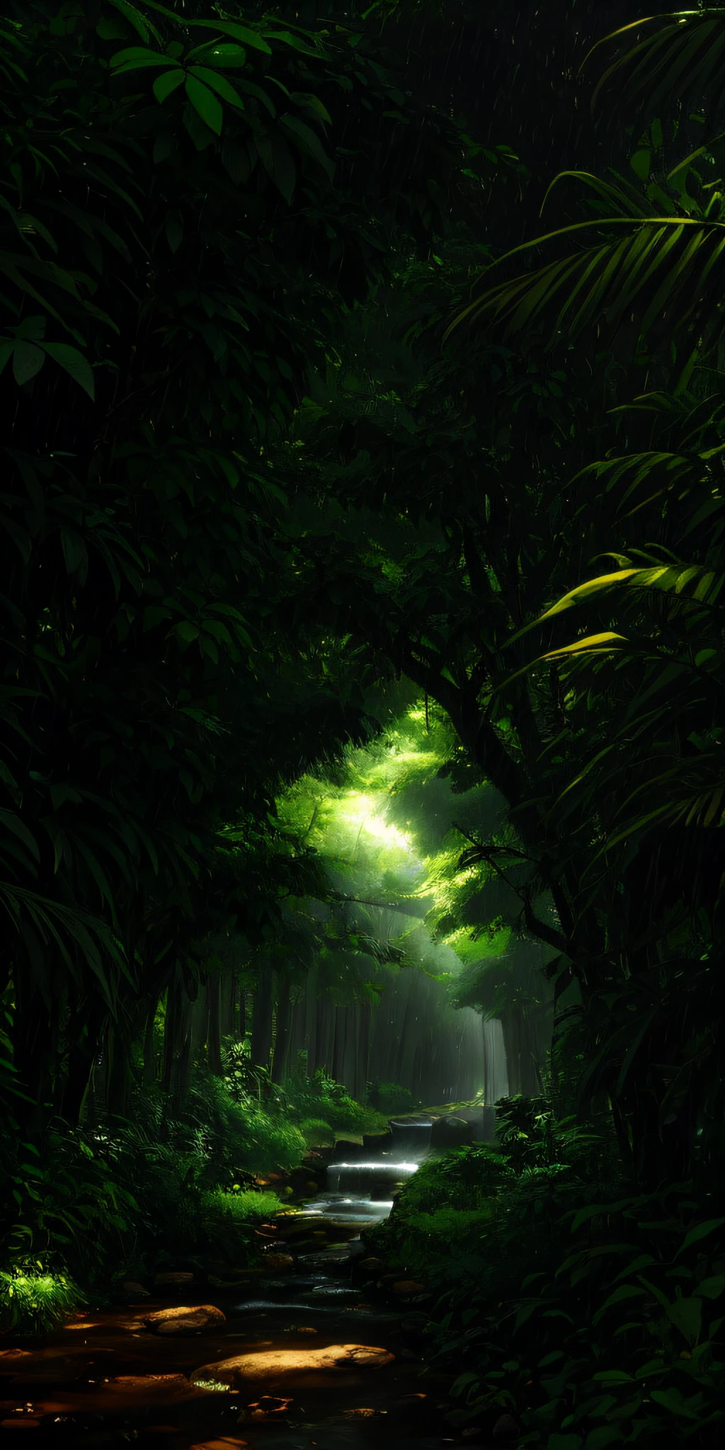 Jungle, heavy rainfall, monochrome, vines everywhere, huge and humid trees, masterpiece, best quality, high quality, very detailed CG unified 8k wallpaper, oil painting, award-winning photography, bokeh, depth of field, HDR, bloom, color difference, realism, very detailed, trends on artstation, trends on CGSociety, intricate, high detail, drama, midjourney art, volumetric lighting