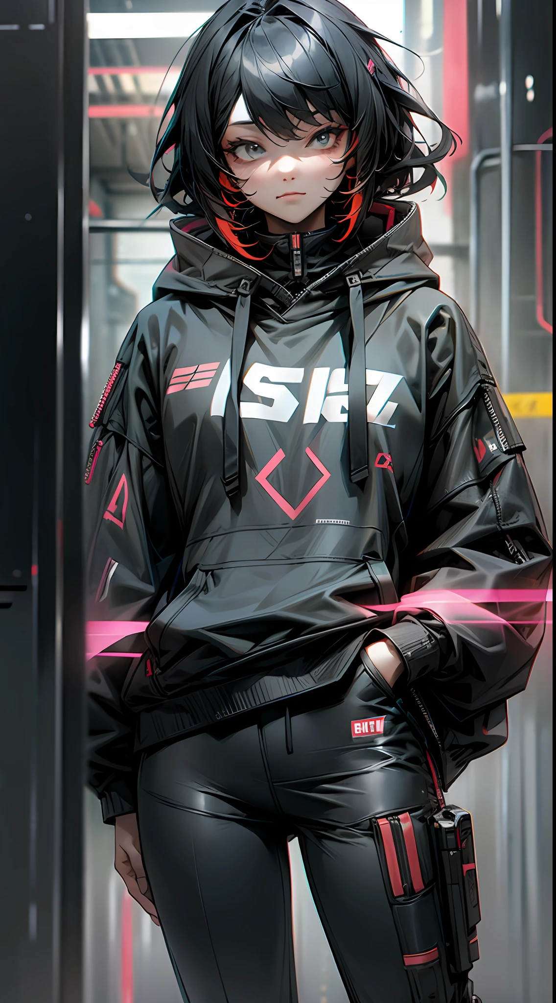 Black hoodie, black pants, cyberpunk --auto --s2