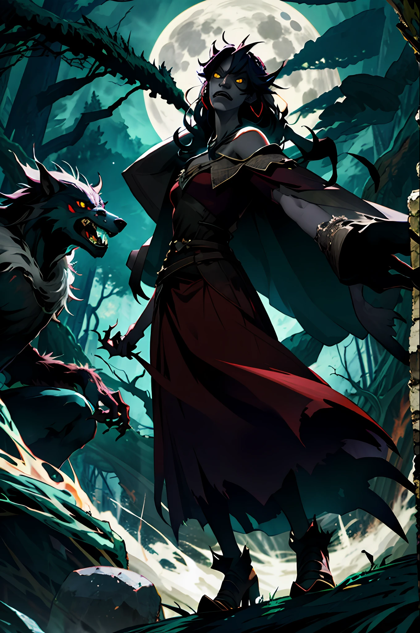 Monstrous werewolf with fierce face, rage, ferocious, frenesi, mystical forest background, night, full moon, darkness