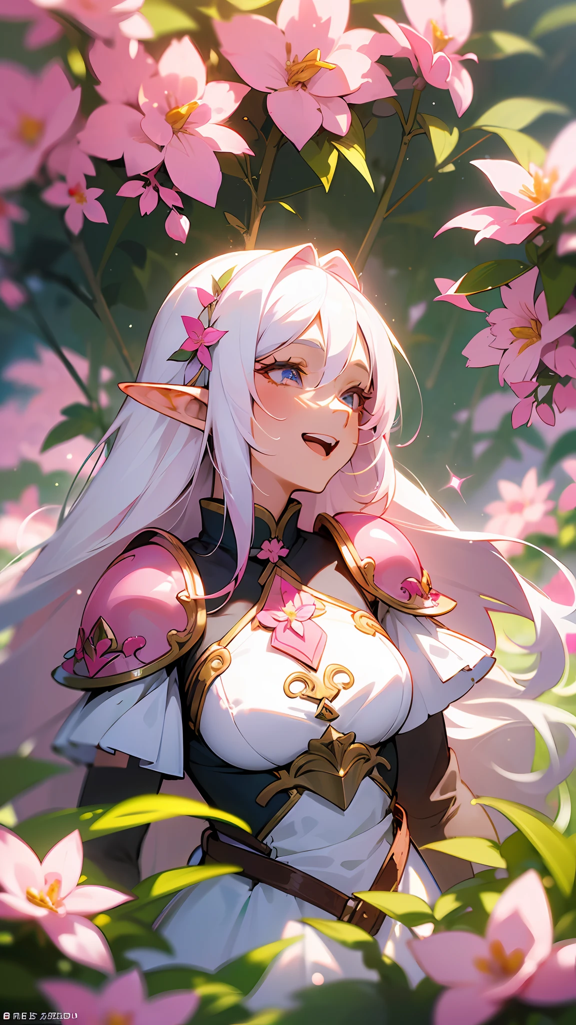 (masterpiece, best quality), Anime style, concept art, character sheet close up, 1woman elf with long ((white hair)) , ((big brest)) laughing, ((in a field of pink colored plants and flowers)), ((elf)), armor, warm lighting, white dress, blurry foreground, looking at viewer, neon sparkles ✨ --auto --s2