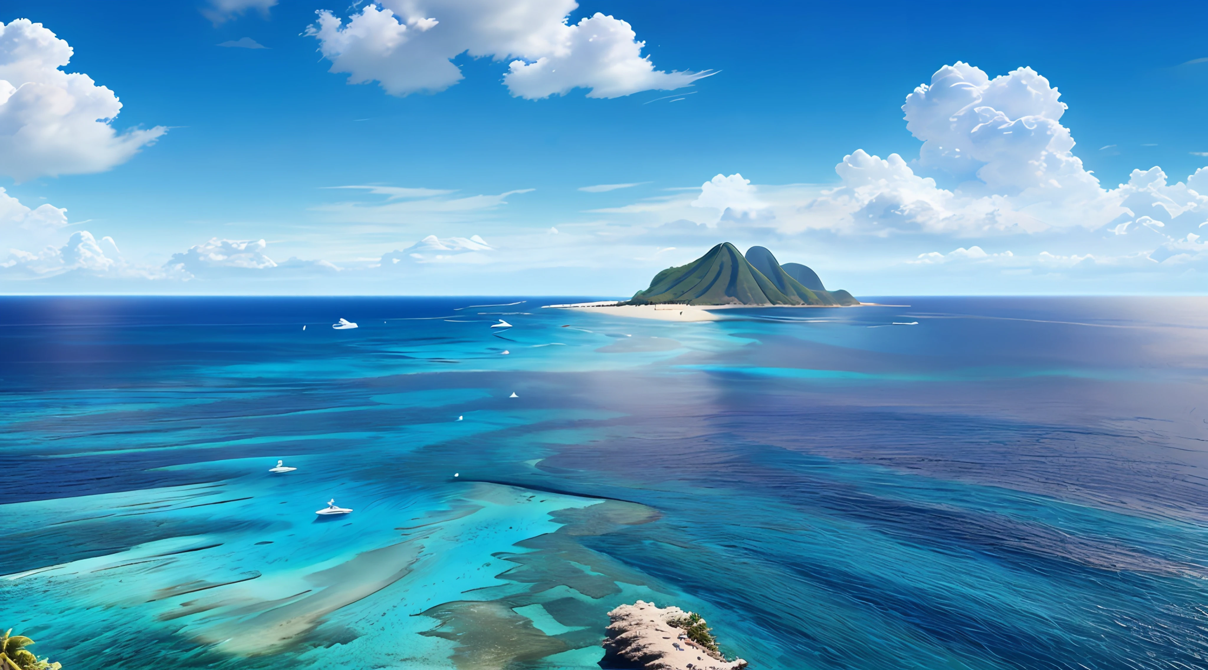 Summer, seaside, island, clear water, blue gradient water, transparent water, island, coconut palm, paradise, large clouds, blue sky, hot weather, HD detail, hyper-detail, cinematic, surrealism, soft light, deep field focus bokeh, distant snow mountains, ray tracing, and surrealism. --v 6