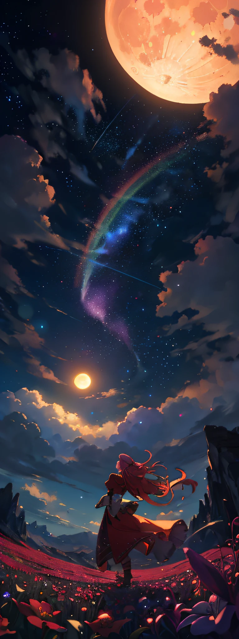A wide landscape photo, (viewed from below, the sky is above, and the open field is below), a girl standing on a flower field looking up, (full moon: 1.2), (meteor: 0.9), (nebula: 1.3), distant mountains , Trees BREAK Crafting Art, (Warm Light: 1.2), (Firefly: 1.2), Lights, Lots of Purple and Orange, Intricate Details, Volumetric Lighting BREAK (Masterpiece: 1.2), (Best Quality), 4k, Ultra Detailed, (Dynamic Composition: 1.4), Rich in Detail and Color, (Rainbow Color: 1.2), (Glow, Atmospheric Lighting), Dreamy, Magical, (Solo: 1.2)