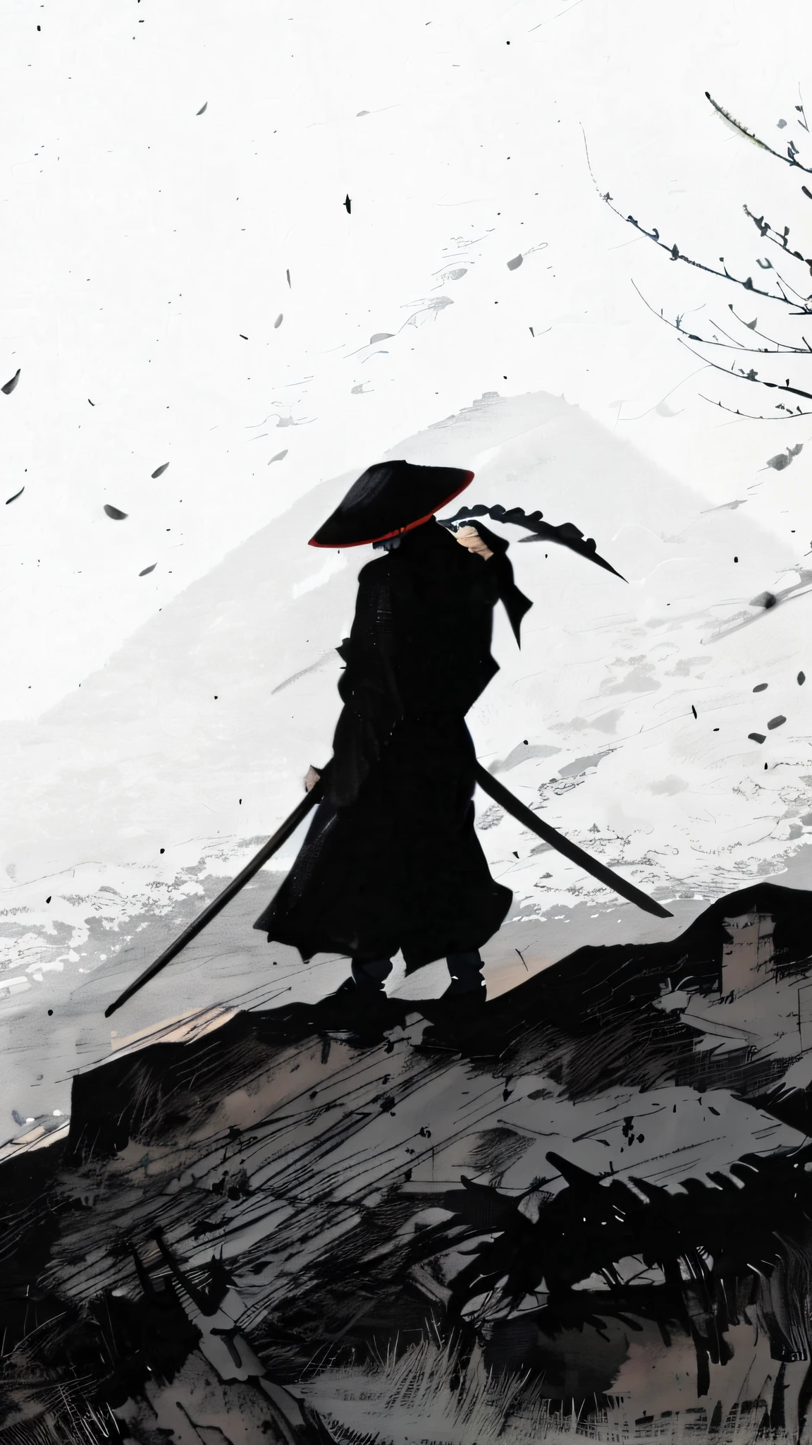 arafed image of a man with a sword and a hat on a hill, inspired by Kanō Hōgai, inspired by Kanō Sanraku, samurai style, inspired by Tōshūsai Sharaku, ronin, inspired by Sōami, urban samurai, inspired by Sōtarō Yasui