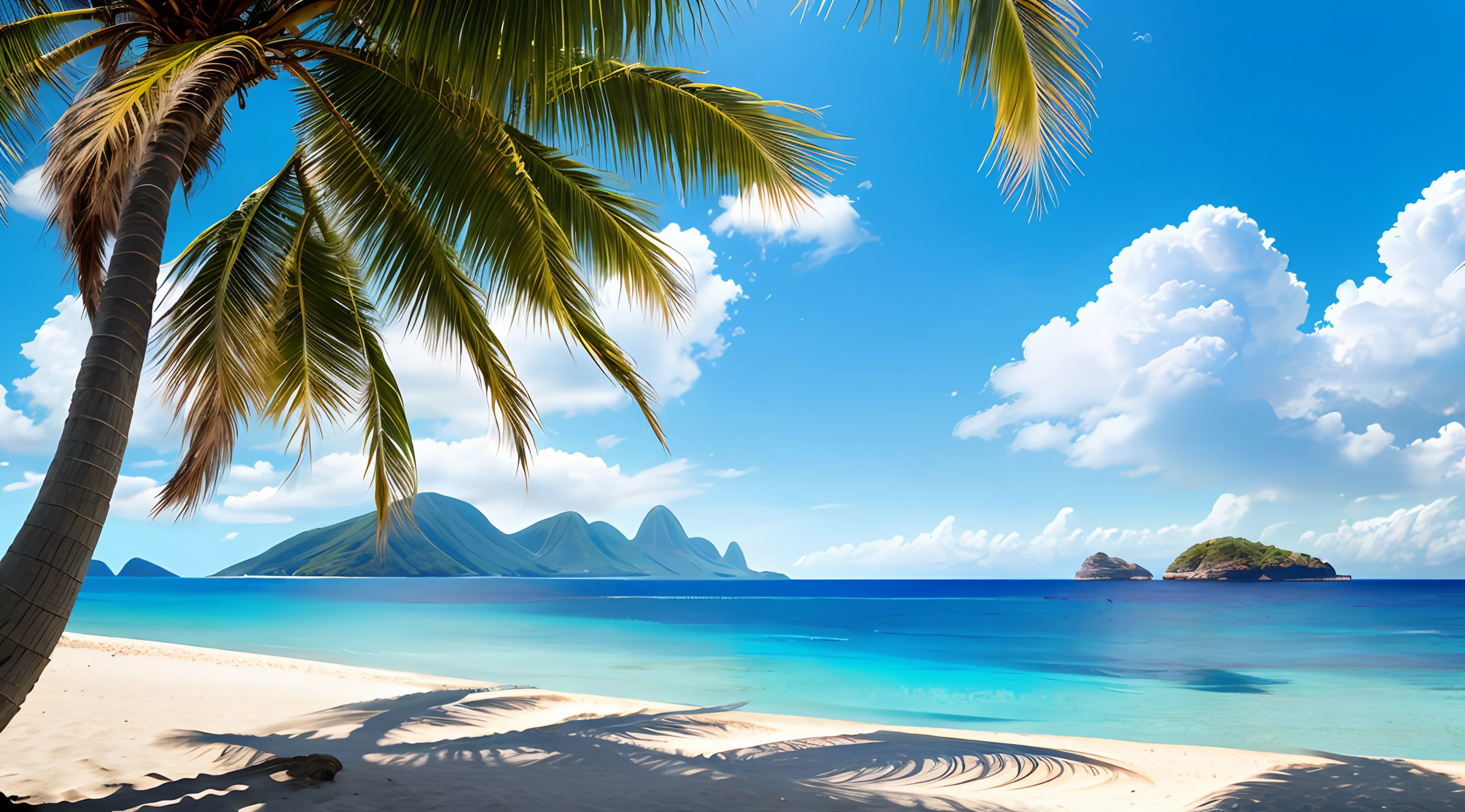 Summer, seaside, island, clear water, blue gradient water, transparent water, island, coconut palm, paradise, large clouds, blue sky, hot weather, HD detail, hyper-detail, cinematic, surrealism, soft light, deep field focus bokeh, distant snow mountains, ray tracing, and surrealism. --v 6