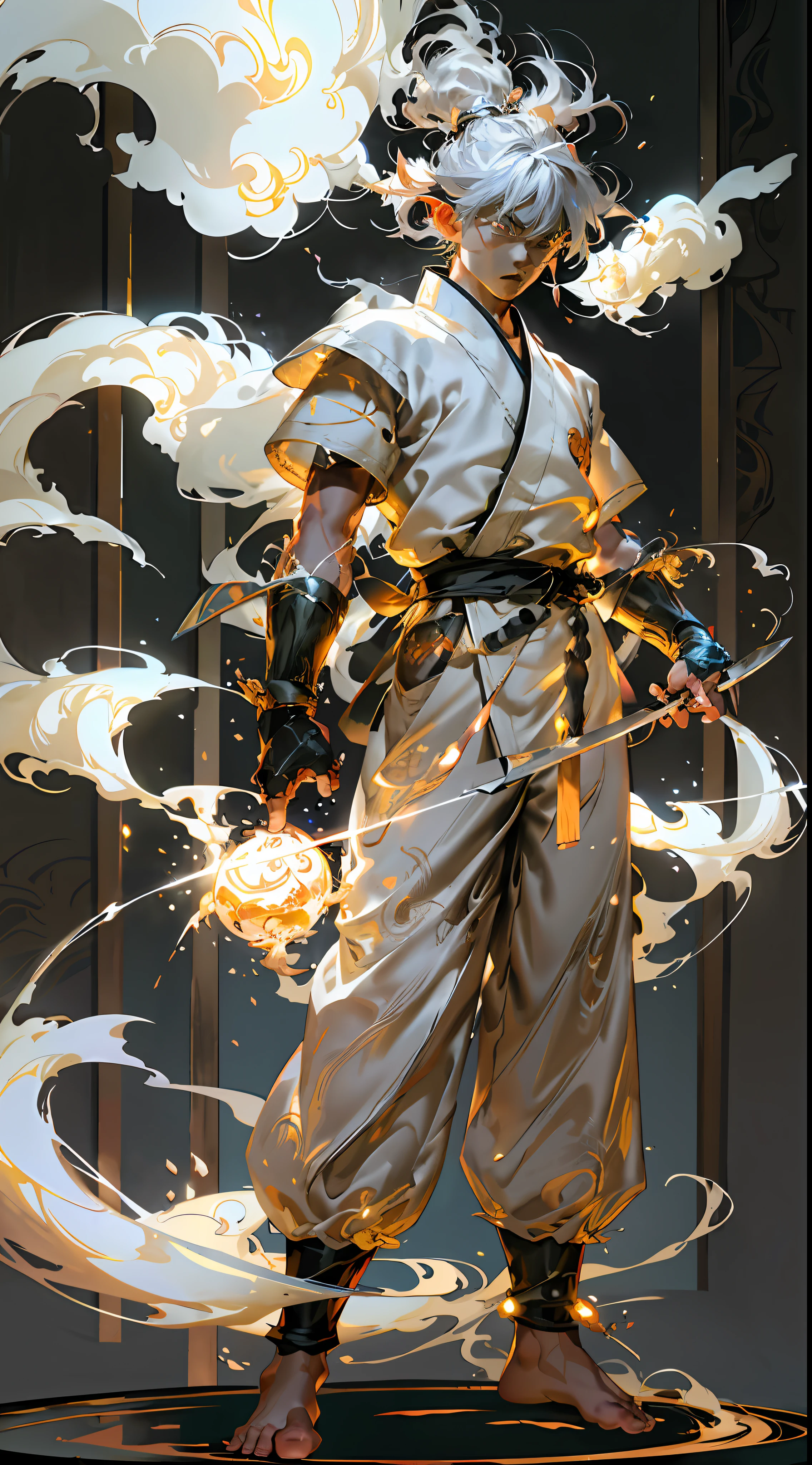 Goku, Ruri, Glazed White Hair, Smoke, White Light, Strong Light, Glazed White Top, Bracer, Glazed White Pants, Blue Light, Barefoot, Dragon. 4K, HD, Ultra HD, Thunder, Surrealism, Ultra Detail, Glowing Eyes, Full Body, Close Body, Holding a Knife, Katana, Double Dragon Winding