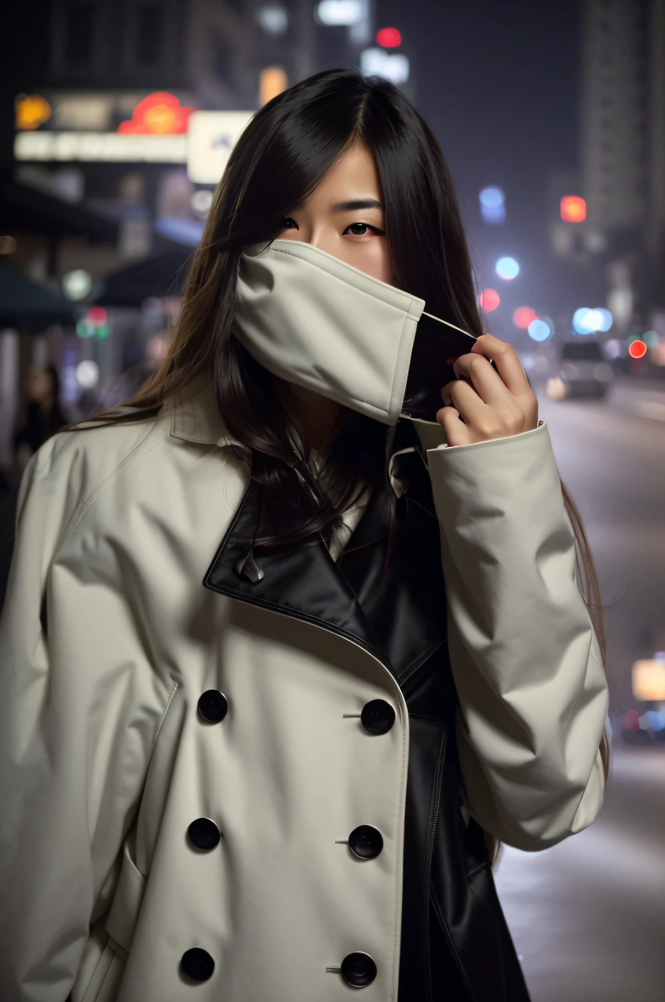 "((masterpiece)),((best quality)),ultrarealistic realism,((delicate beauty)),woman with long hair,black,elegant ((winter coat)),walking at night on a city street,(white mask covering mouth),dramatic night background, quality lighting,((high definition))."
