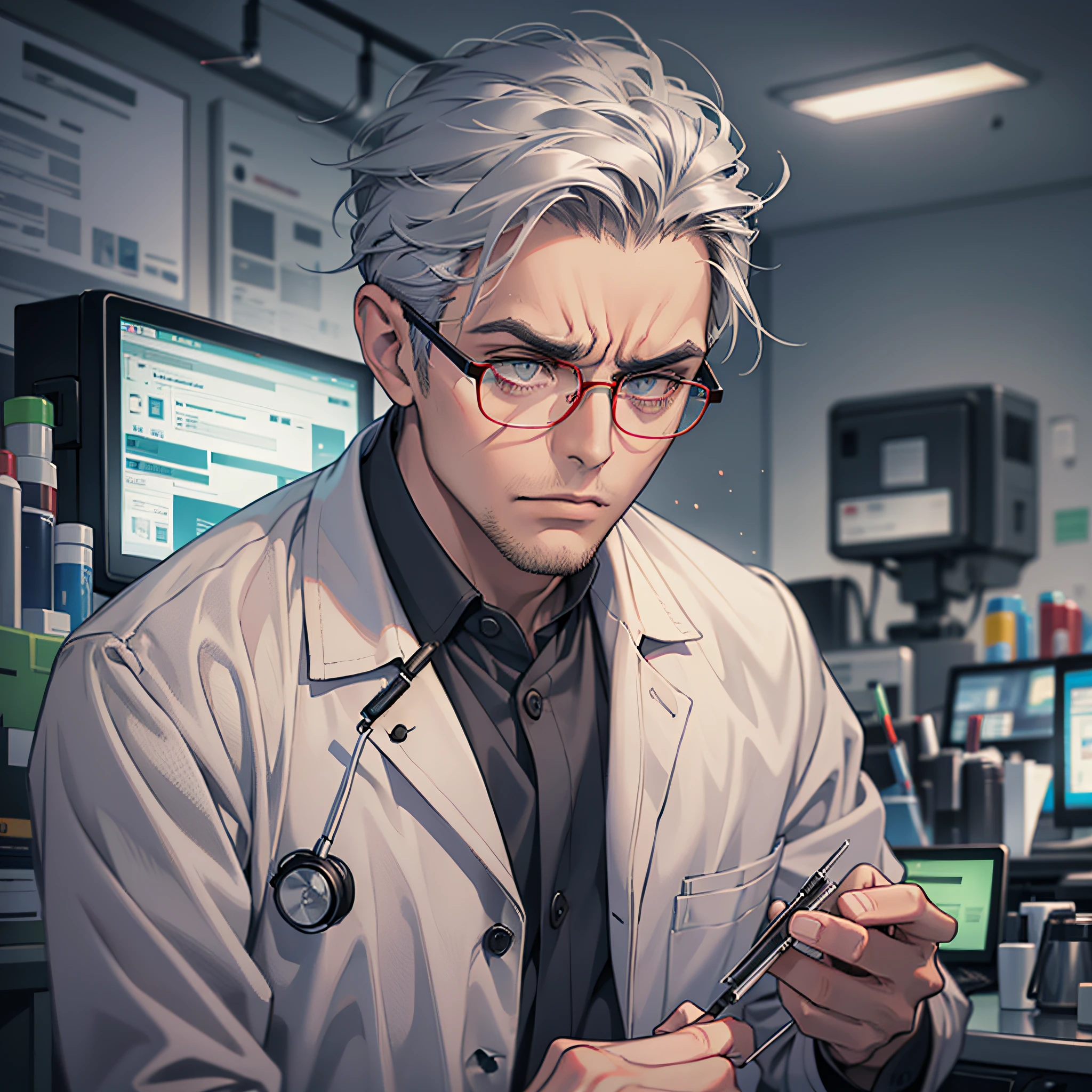 Man with glasses, gray hair, doctor outfit, holding a needle. Eyes red, backlight, hospital background, dim scene, night, serious, frowning, horror atmosphere,