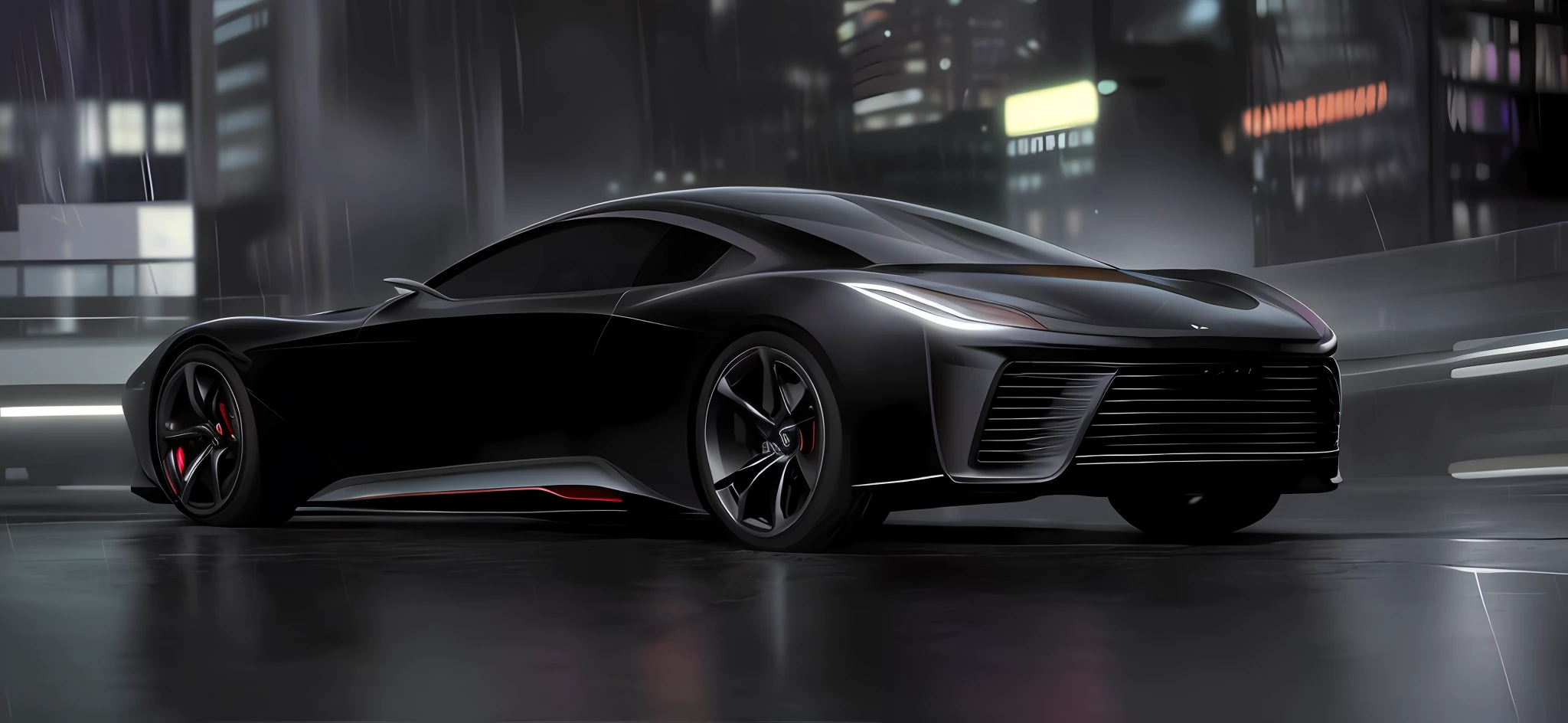 black car, concept car, futuristic concept car, smooth lines, powerful power, futuristic supercar rendering, car in picture on rainy street, heavy rain, real rendering, real light and shadow, reflective details, city background, super high resolution