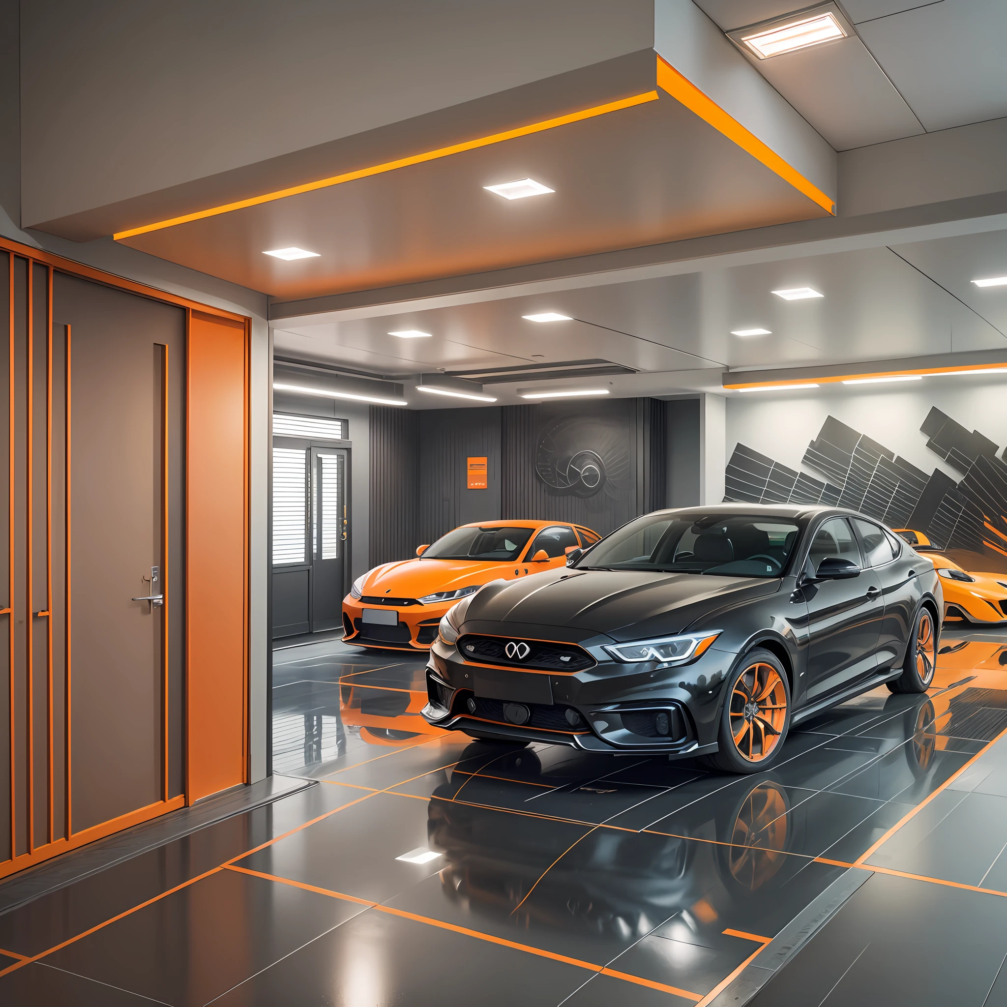 Automotive equipment store, sales hall with 12x30m, right foot of 4mm, black painted lining, luminaires in exagonal composition using LED lamps, predominant colors graphite and orange, two elevators for vehicle maintenance, a shaft of alignment and balancing of wheels, cozy living area for customers, graphics on the walls, painting in graphite color with details in orange, Floor with gray paint and directions, vehicles in service, ultra modern architecture, modern design, impressive architecture, award-winning architecture --auto --s2