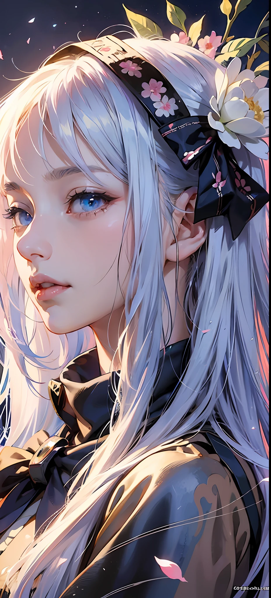 anime girl with long white hair and blue eyes with flowers in her hair, anime art wallpaper 4k, anime art wallpaper 4 k, best anime 4k konachan wallpaper, anime style 4 k, clean detailed anime art, detailed digital anime art, anime art wallpaper 8 k, detailed anime art, detailed anime character art, detailed portrait of anime girl
