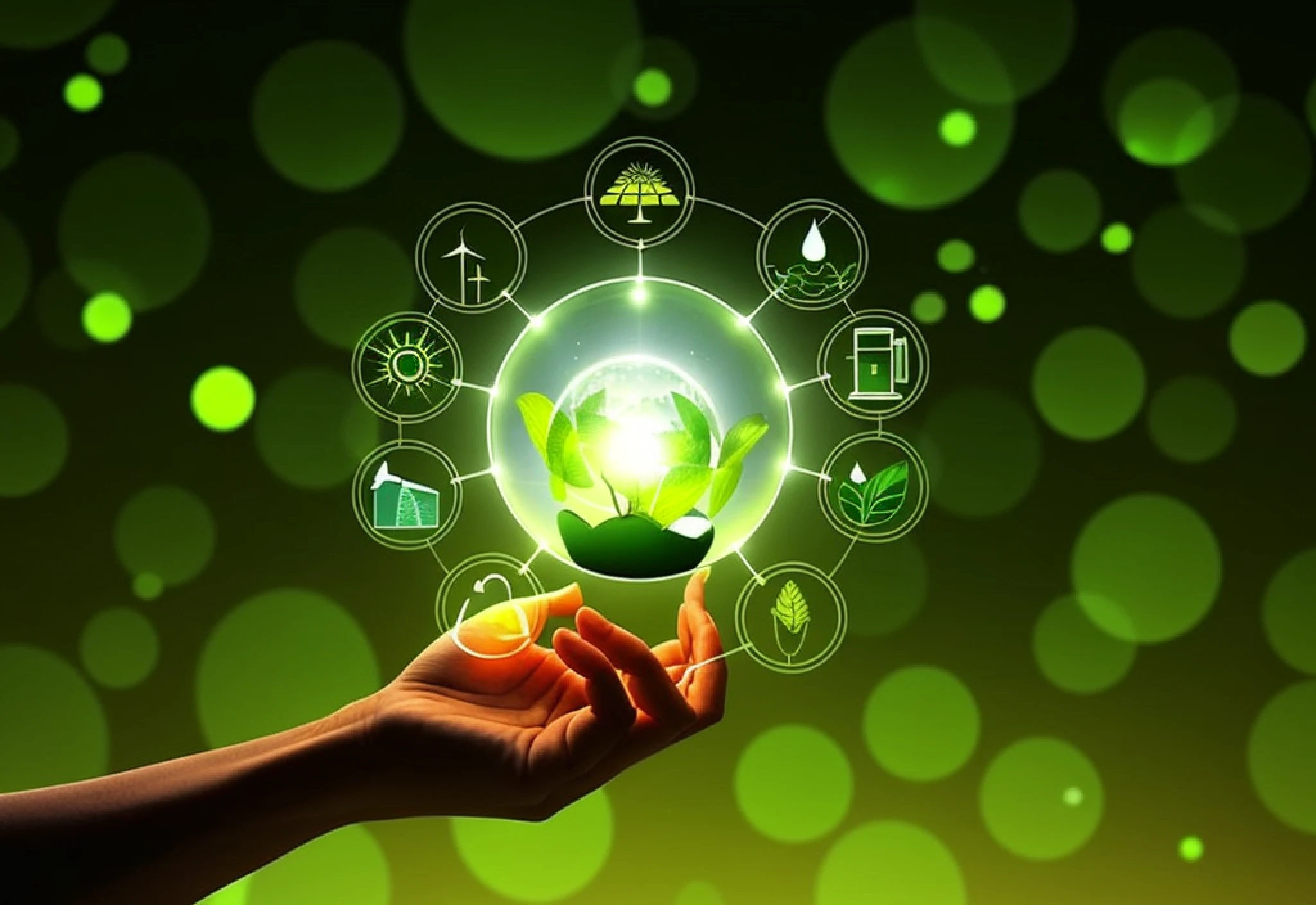 someone holding a green plant with a light in the middle, green technology, sustainability, holding a shining orb of data, green energy, renewable energy, technology and nature in harmony, holding miniature earth in hands, sustainable materials, sustainable, technology and nature, light emitting from fingertips, holding a glowing orb, environmental light, hands holding big glowing orbs